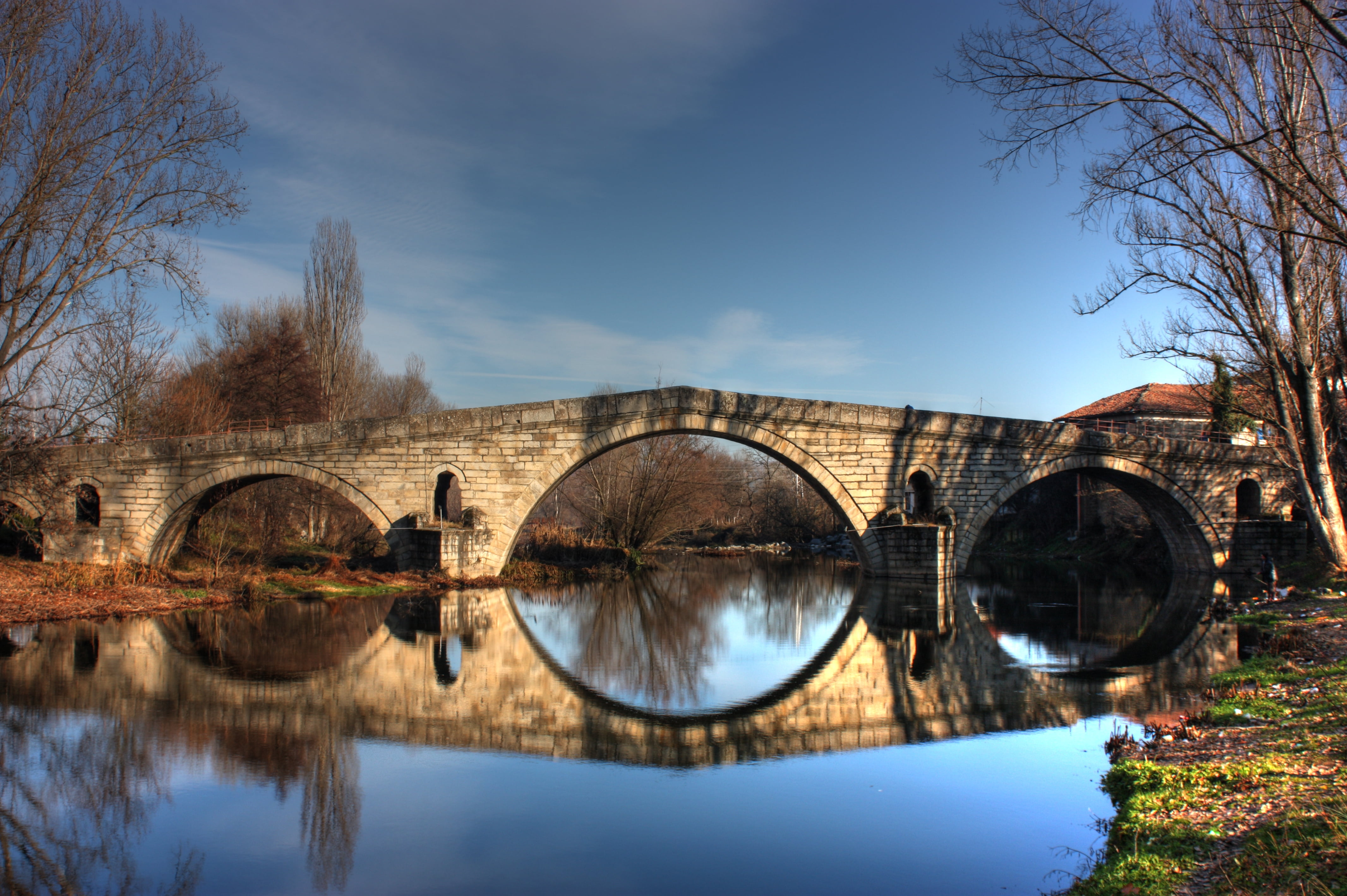 architectural, reflection, Невестино  Kyustendil Province, Platinum, arch, architecture, Kadin Most, europe, Bulgaria, photo, daytime, river, 4K, bridge, HD Wallpaper