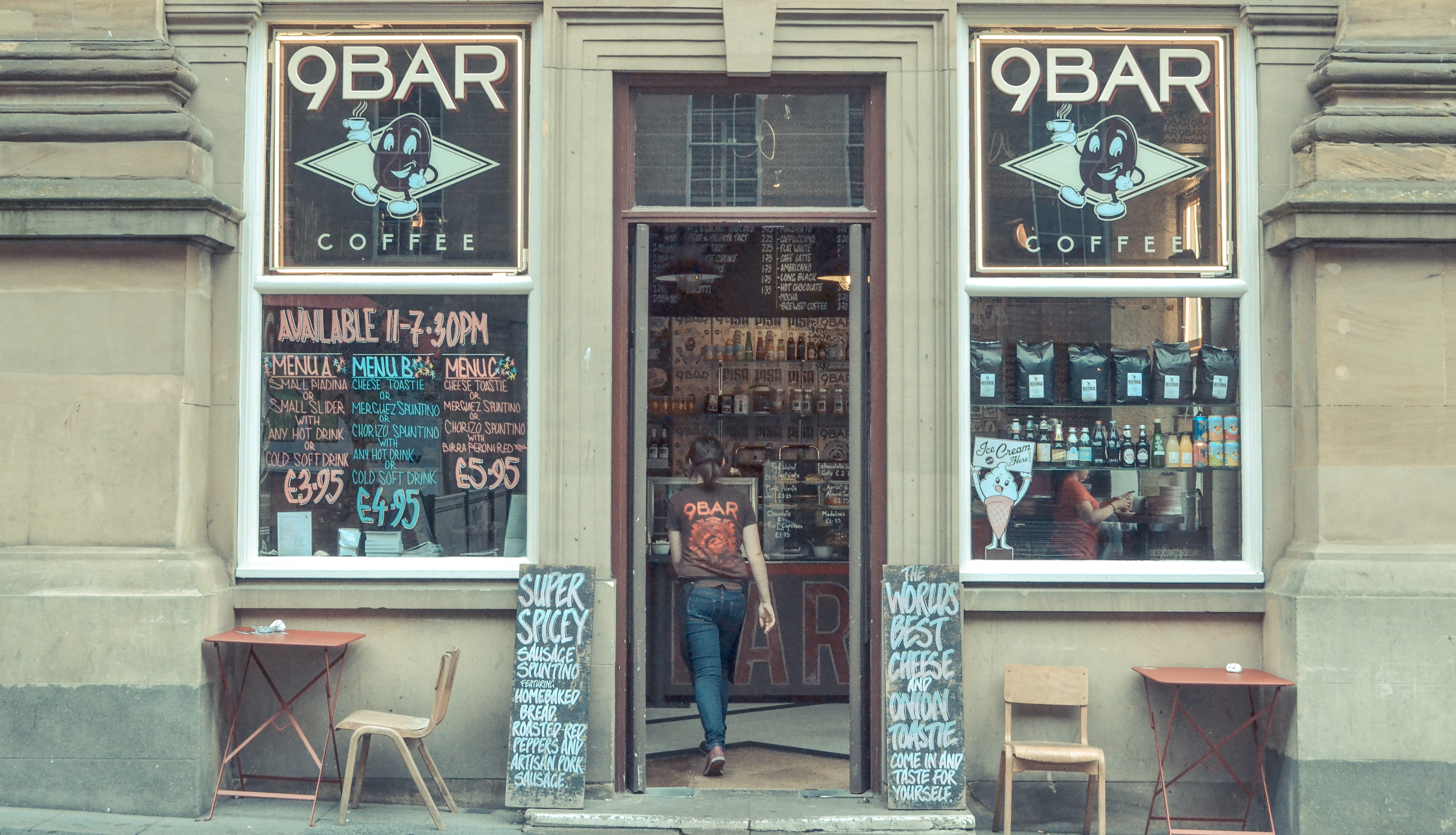 signs, building exterior, window, 9bar, cafe, restaurant, food and drink, united kingdom, 4K, adult, lifestyles, day, transparent, retro, typography, retail display, HD Wallpaper