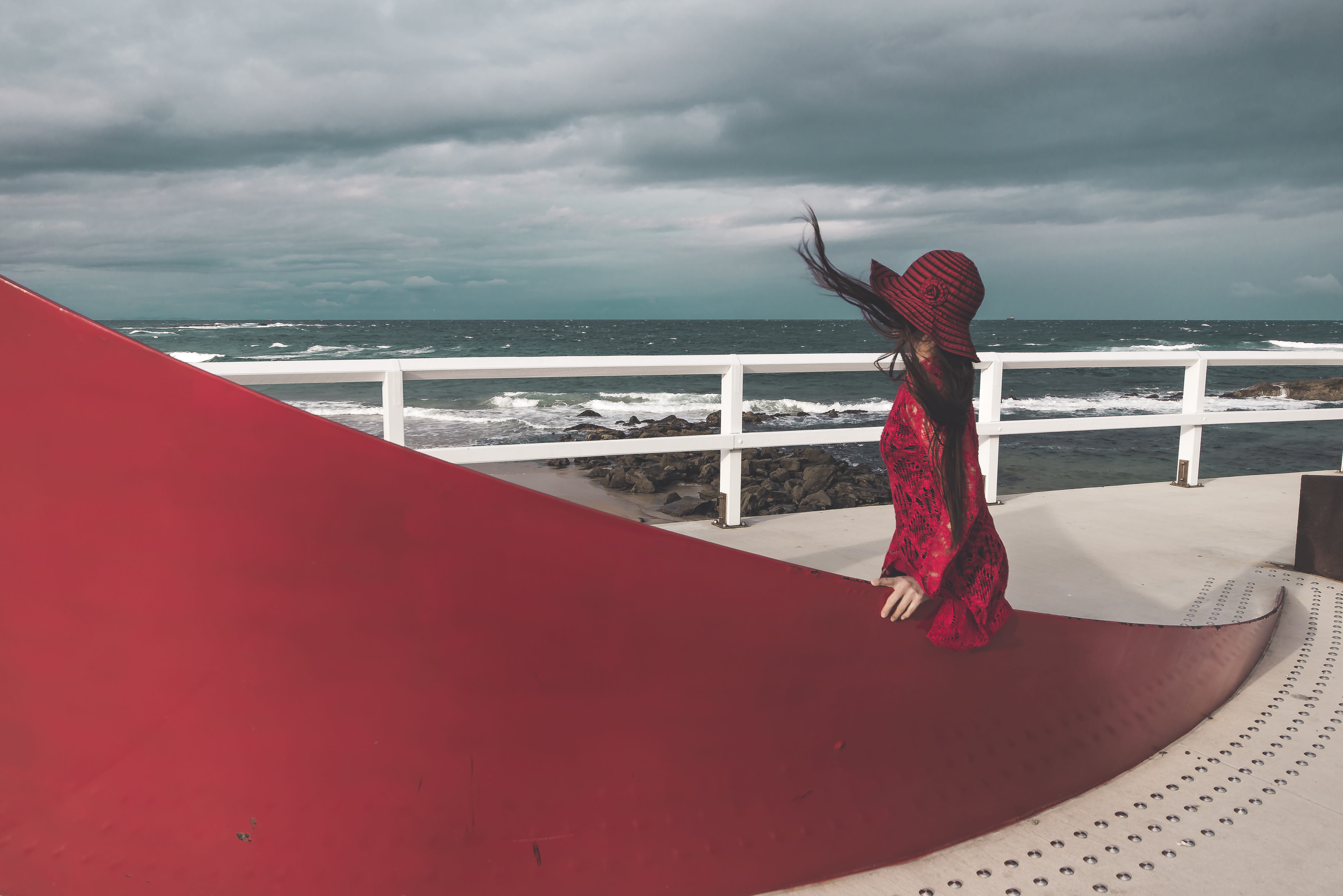 crimson, water, scenics - nature, clouds, hairstyle, clothing, 5K, women, horizon over water, one person, day, lifestyles, fashion, nobbys road, model, HD Wallpaper