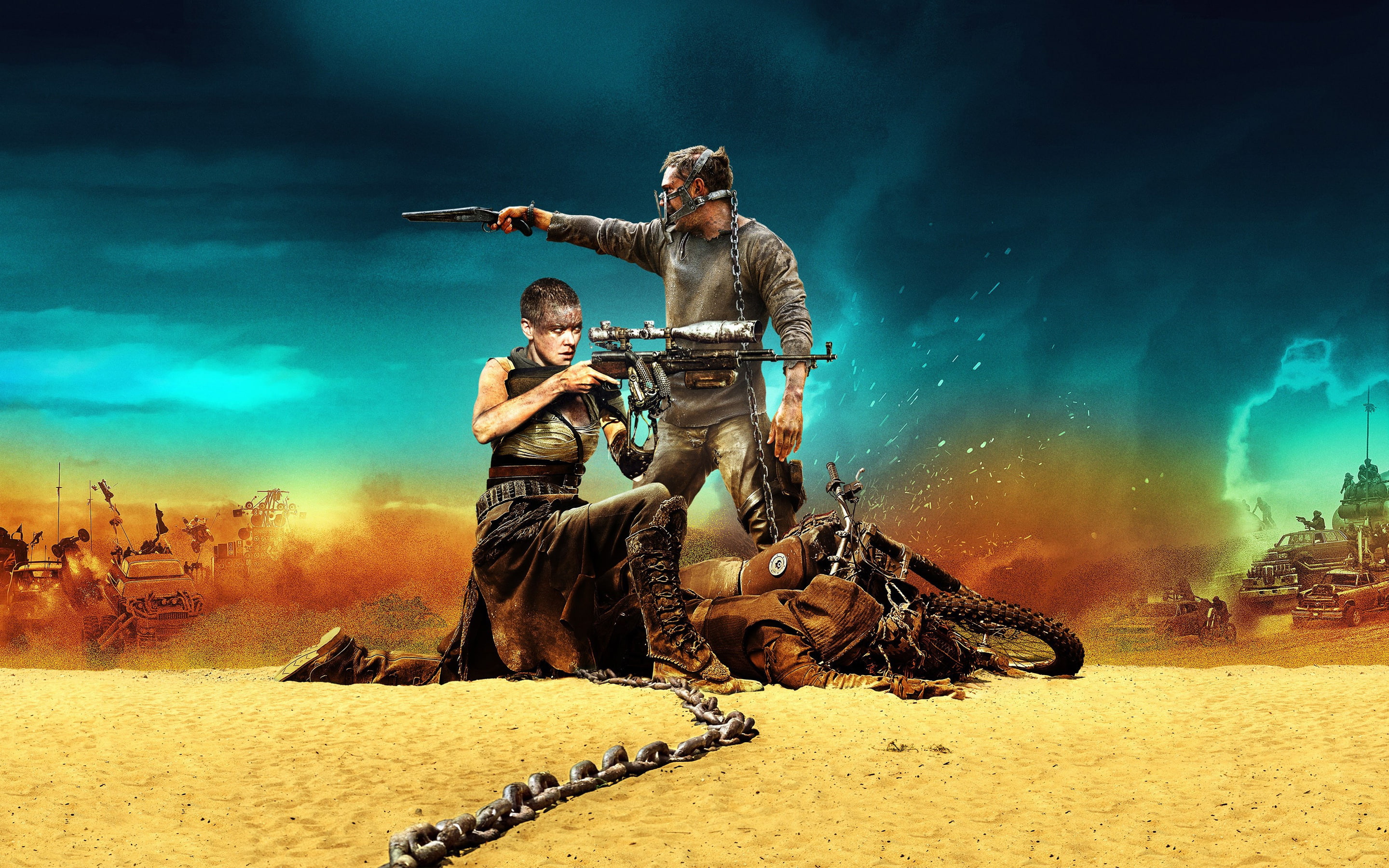 road rage, mad max: fury road, motorcycle, bleed, mad max, rifle, desert, Tom hardy, 2K, Charlize Theron, HD Wallpaper
