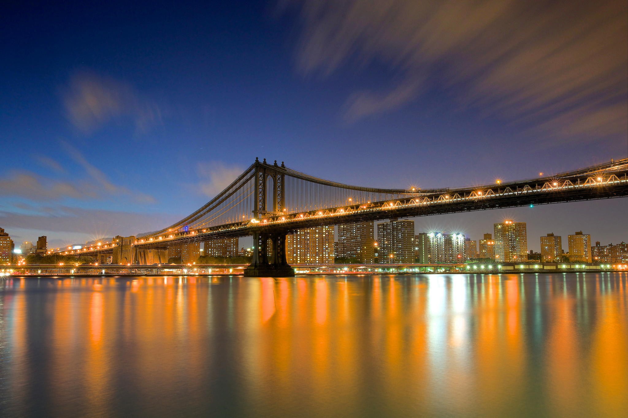 brown, New York, new, Skyscrapers, Buildings, bridge, evening, york, 1080P, USA, city, houses, lights, river, HD Wallpaper