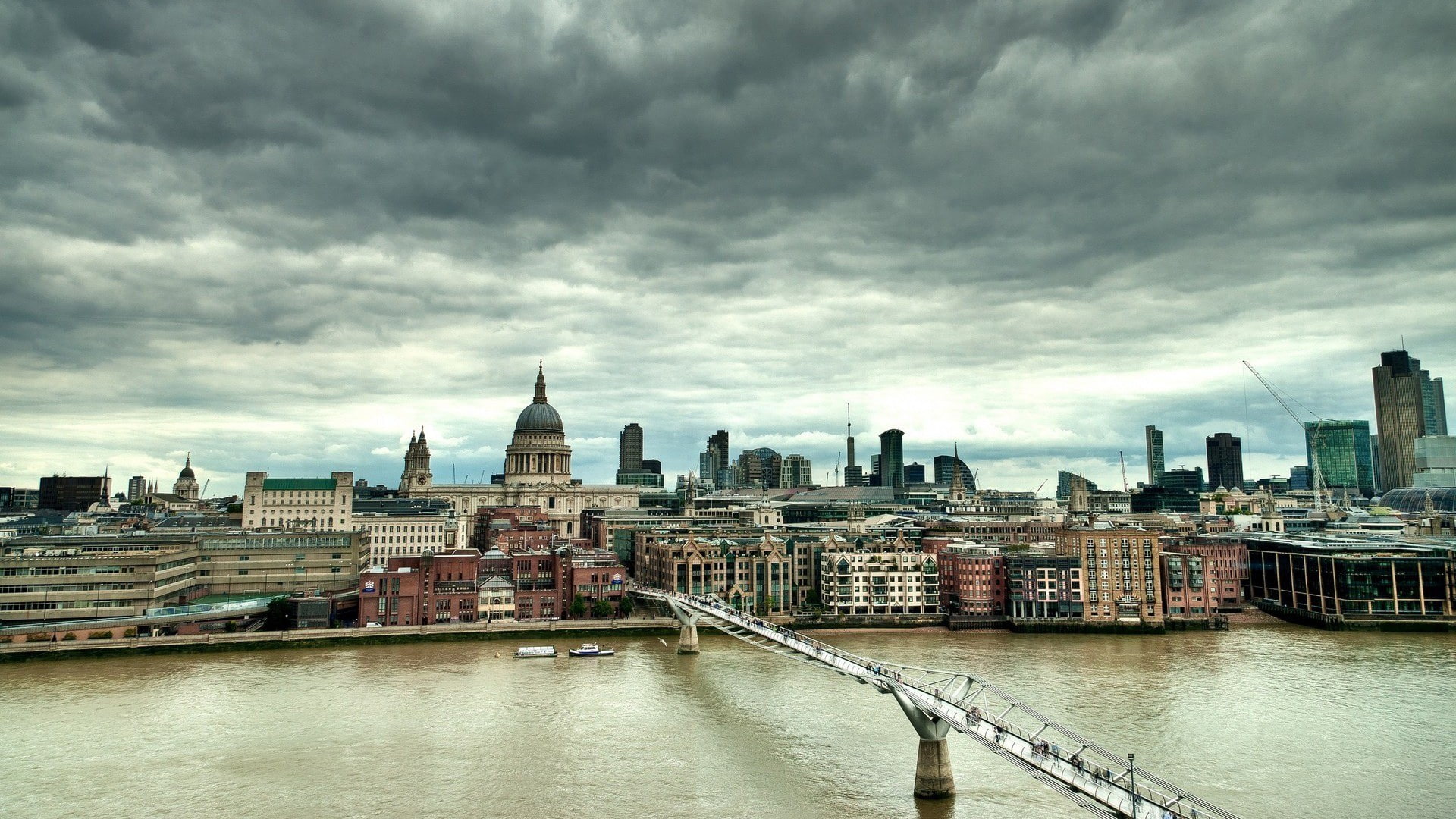 office building exterior, 1080P, river, London, travel, Millennium Bridge, skyscraper, sky, religion, outdoors, tower, nature, building, water, spire, HD Wallpaper
