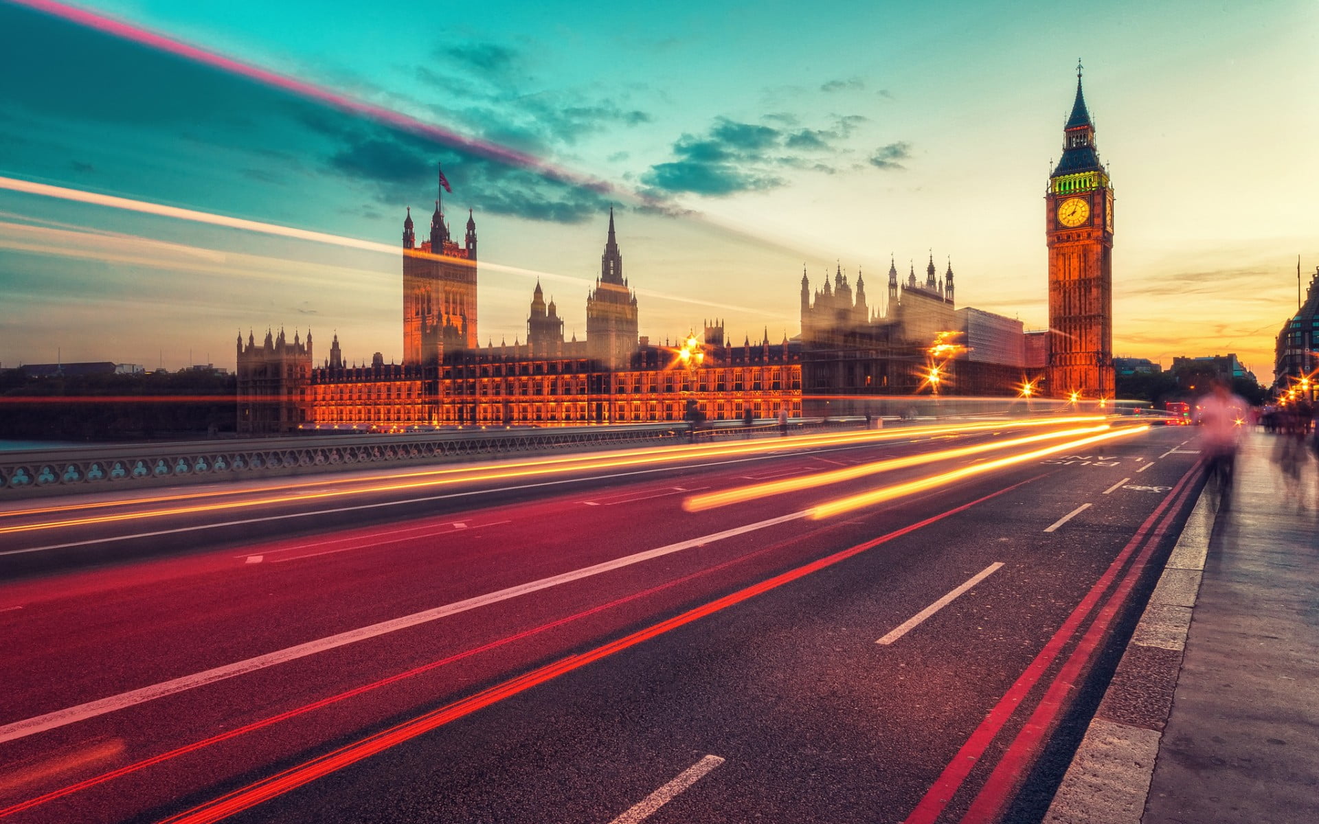 architecture, clock, city, tower, big, speed, cloud - sky, light trail, blurred motion, cityscape, transportation, London, Cityscapes, bridge - man made structure, HD Wallpaper