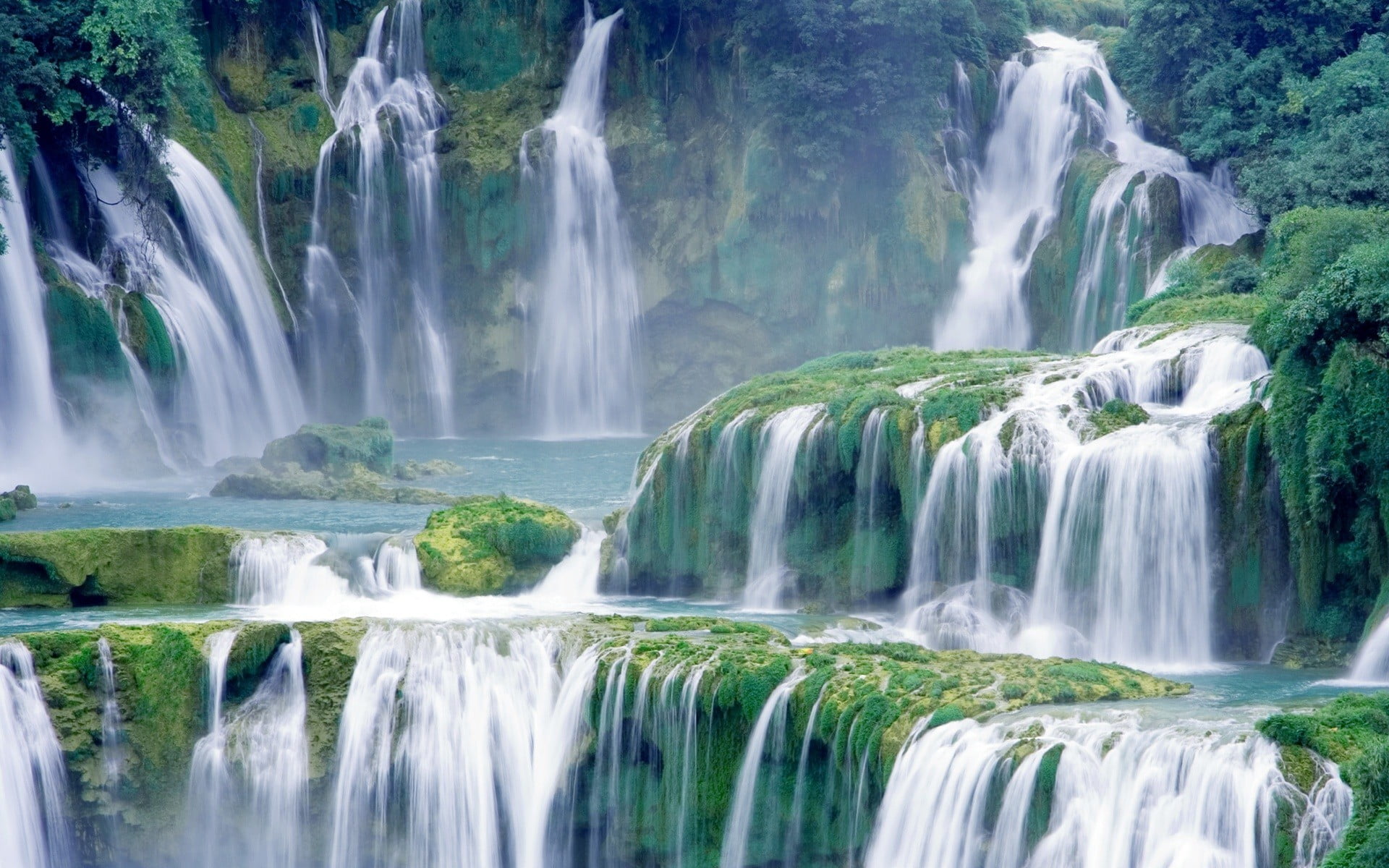 clean, rock, green, long exposure, waterfall, stream - flowing water, 1080P, scenics - nature, flowing water, outdoors, photography, power in nature, painting, HD Wallpaper