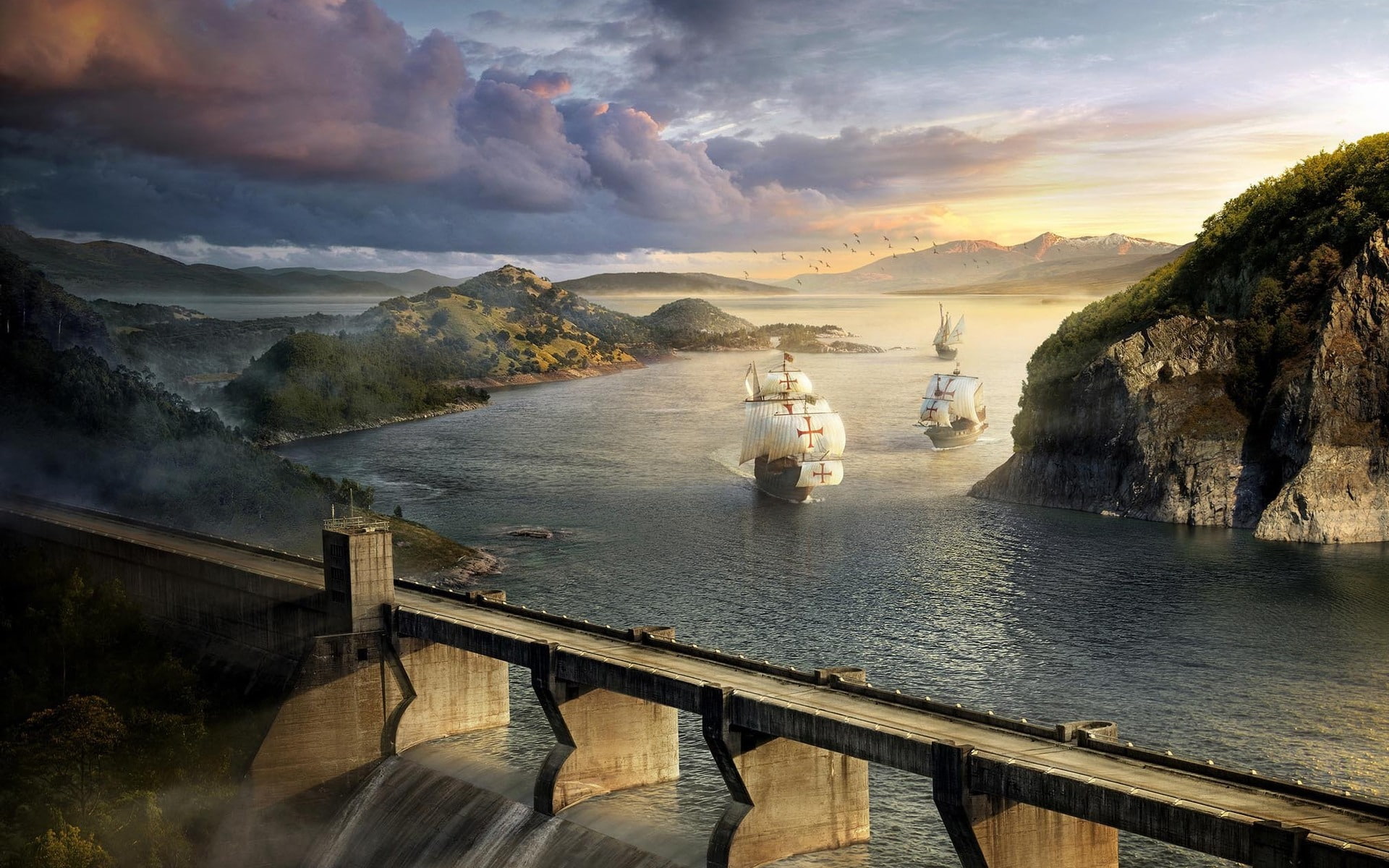 bridge, artwork, hd, art, rivers, x, architecture, dam, bridges, sail, 1080P, ship, ships, HD Wallpaper