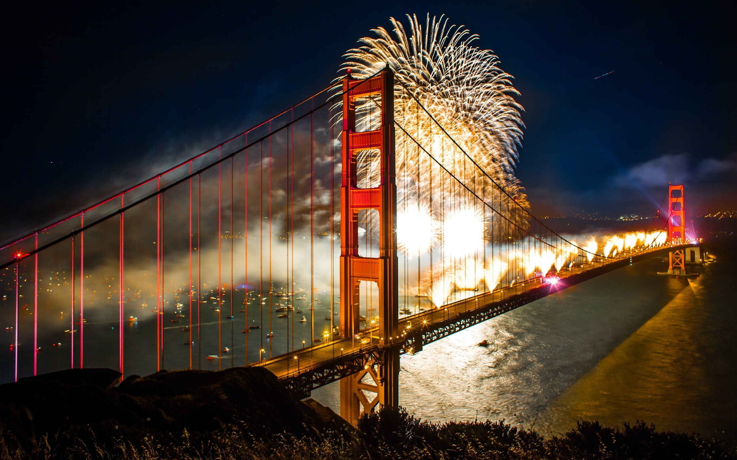 hd, SEAS, boats, 2K, fireworks, francisco, cities, bridges, ships, lights, bridge, architecture, golden, year, new, san, gate, night, art, HD Wallpaper