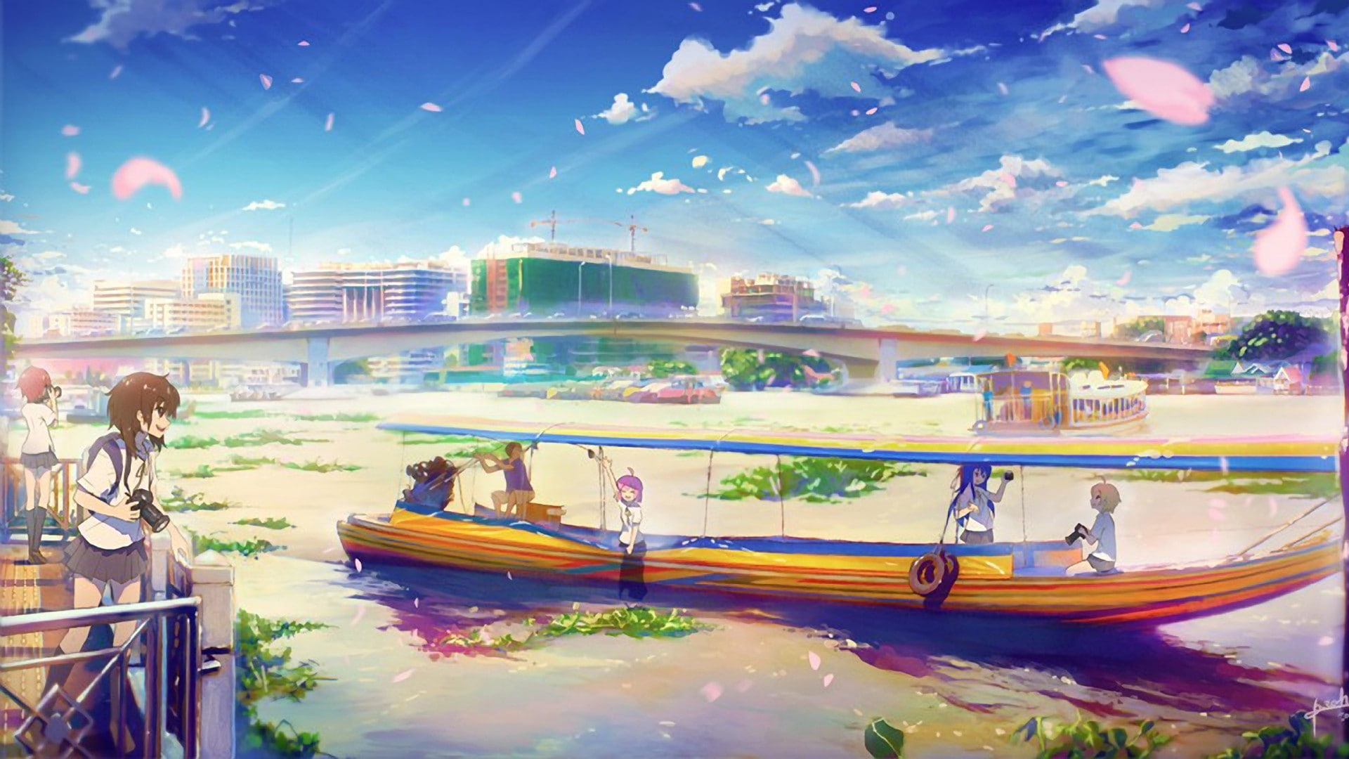 water, cityscapes, manga, city, Clouds, architecture, ships, day, sunlight, digital, bridges, art, kids, cameras, hd, people, anime, 1080P, HD Wallpaper