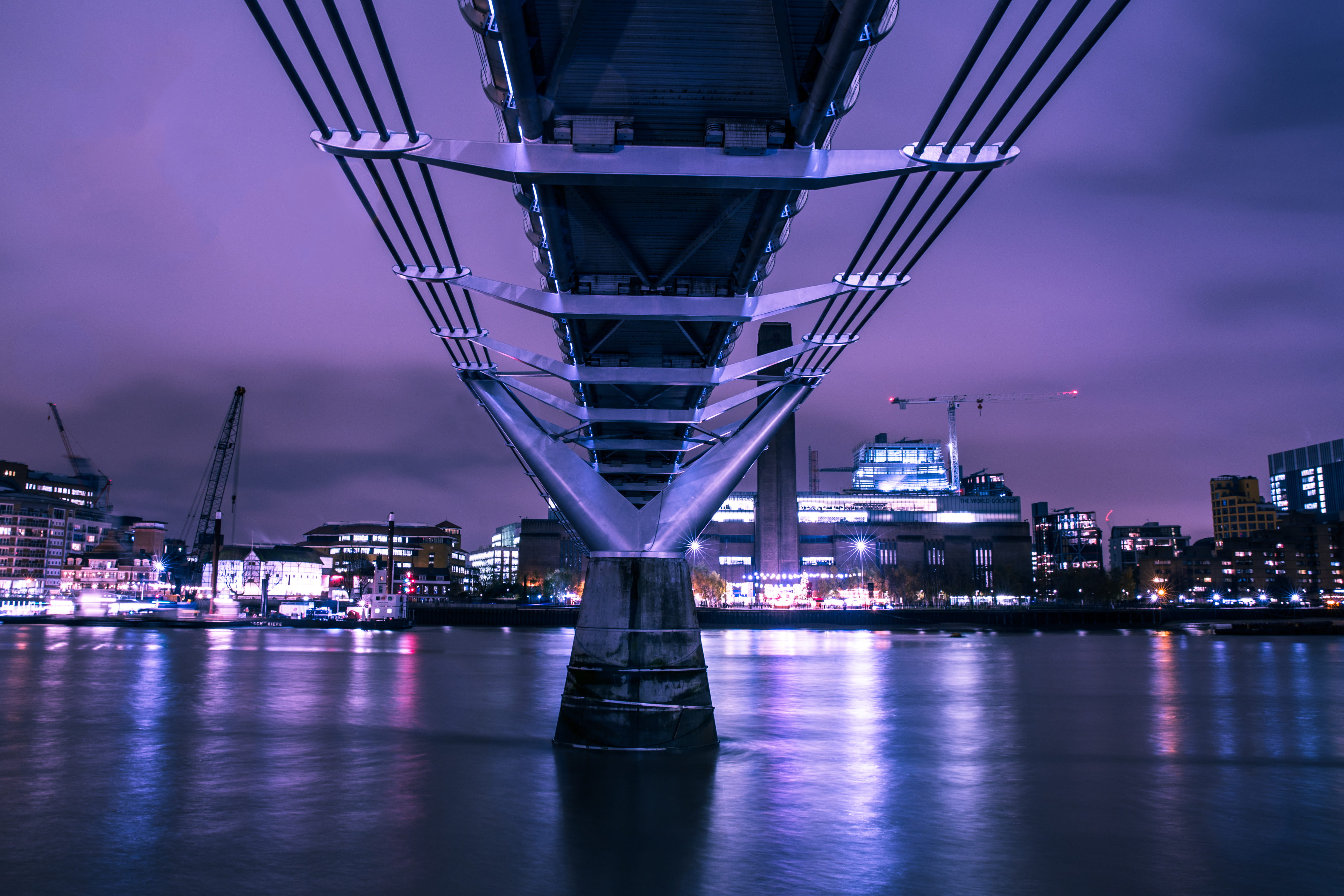 building, downtown District, building Exterior, famous Place, urban Skyline, 4K, cloud - sky, illuminated, reflection, no people, urban Scene, bridge, HD Wallpaper