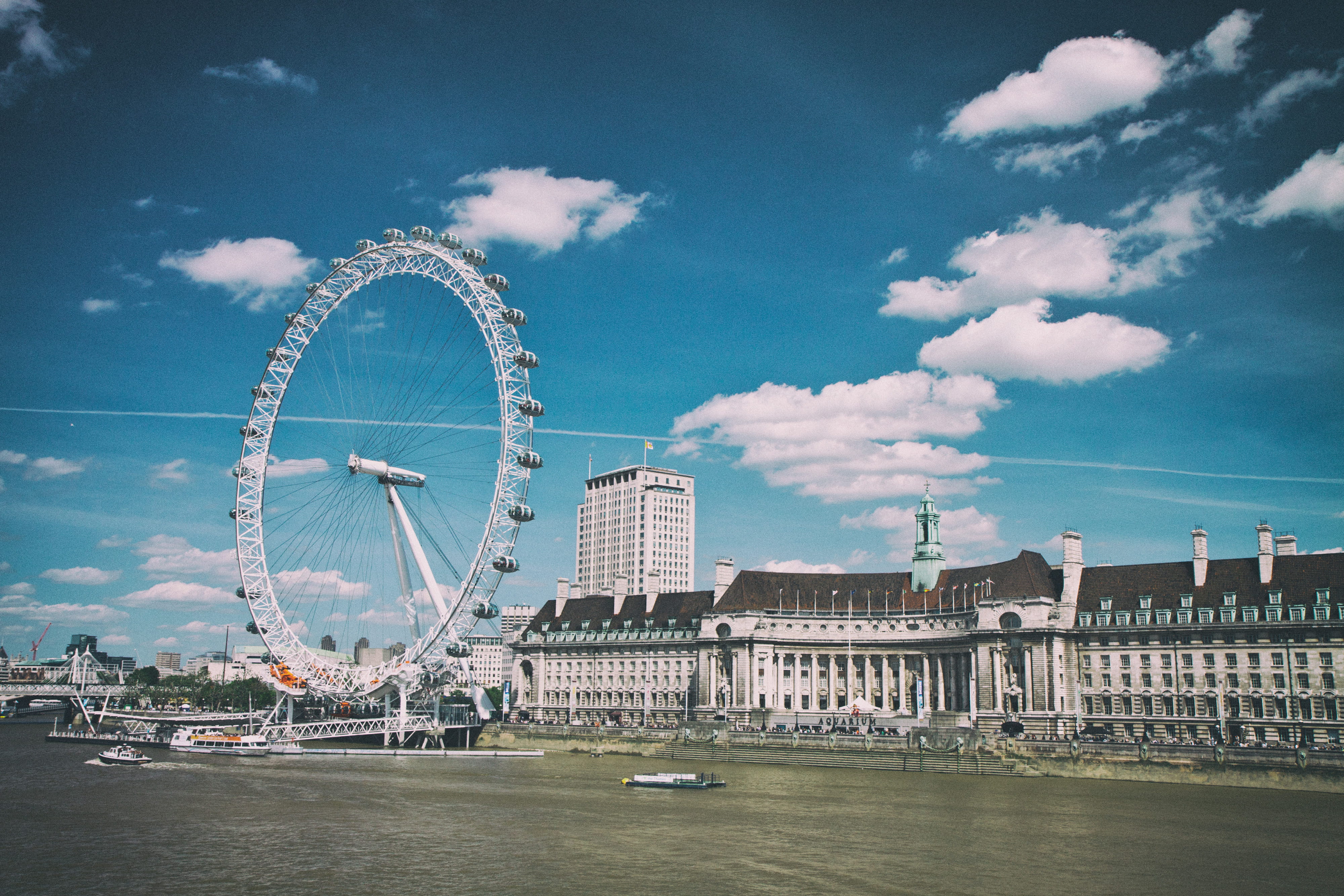 amusement park ride, London, 4K, architecture, nature, famous Place, landmarks, sky, city, london, arts culture and entertainment, sitting, river, millennium Wheel, HD Wallpaper