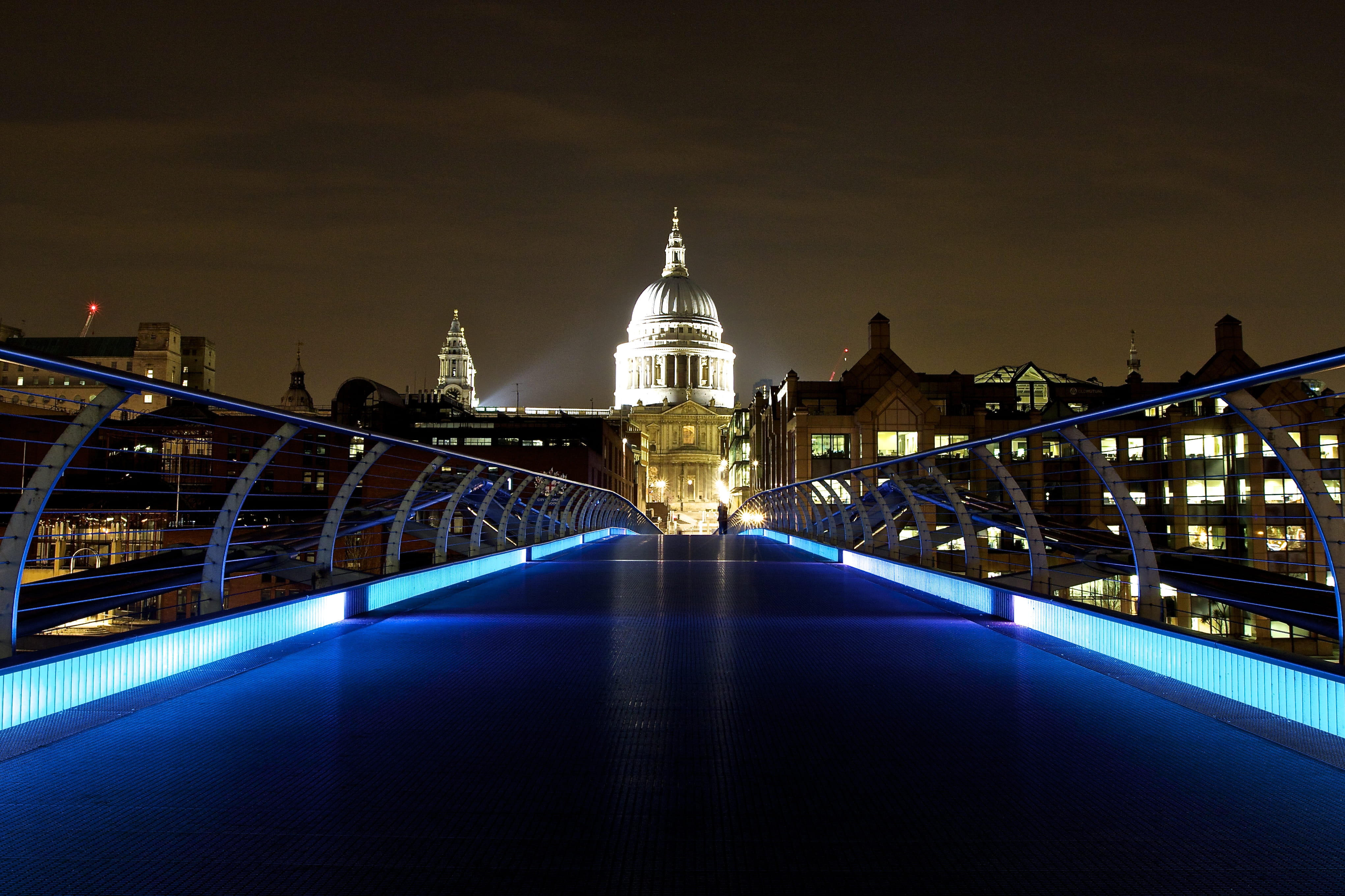 bridge, sky, travel destinations, belief, architecture, night, government, millenium bridge, illuminated, spirituality, built structure, st pauls, travel, HD Wallpaper