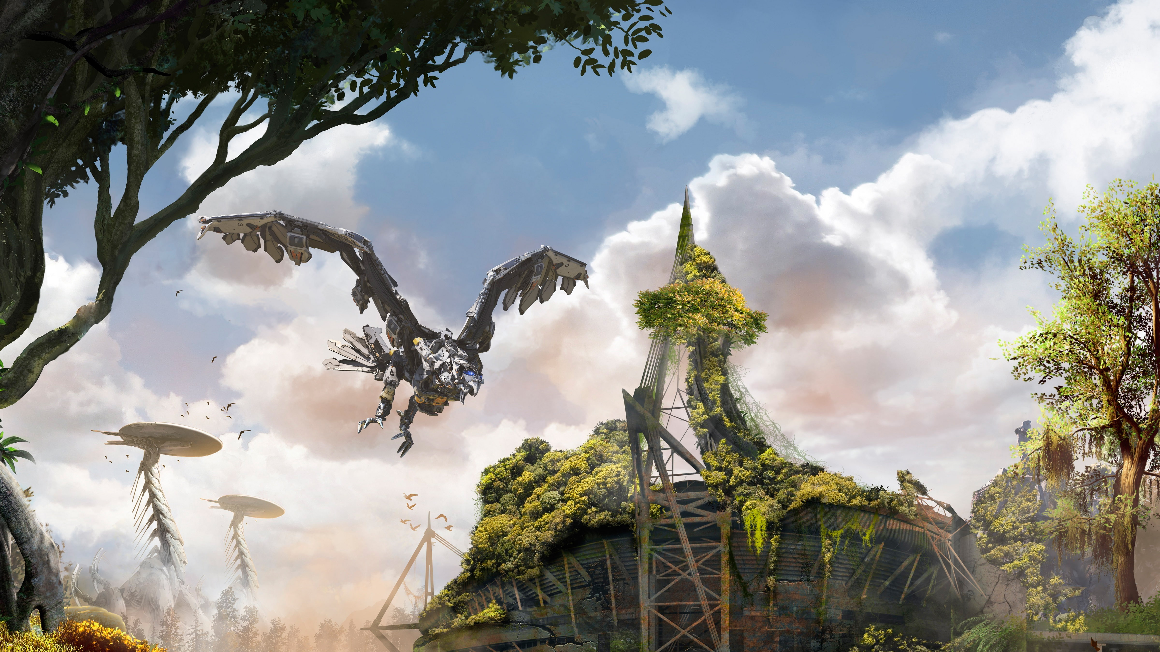 Stormbird, 4K, Horizon Zero Dawn, monster, hunter, illustration, Cardiff, Stormbringer, field, 4K, HD Wallpaper
