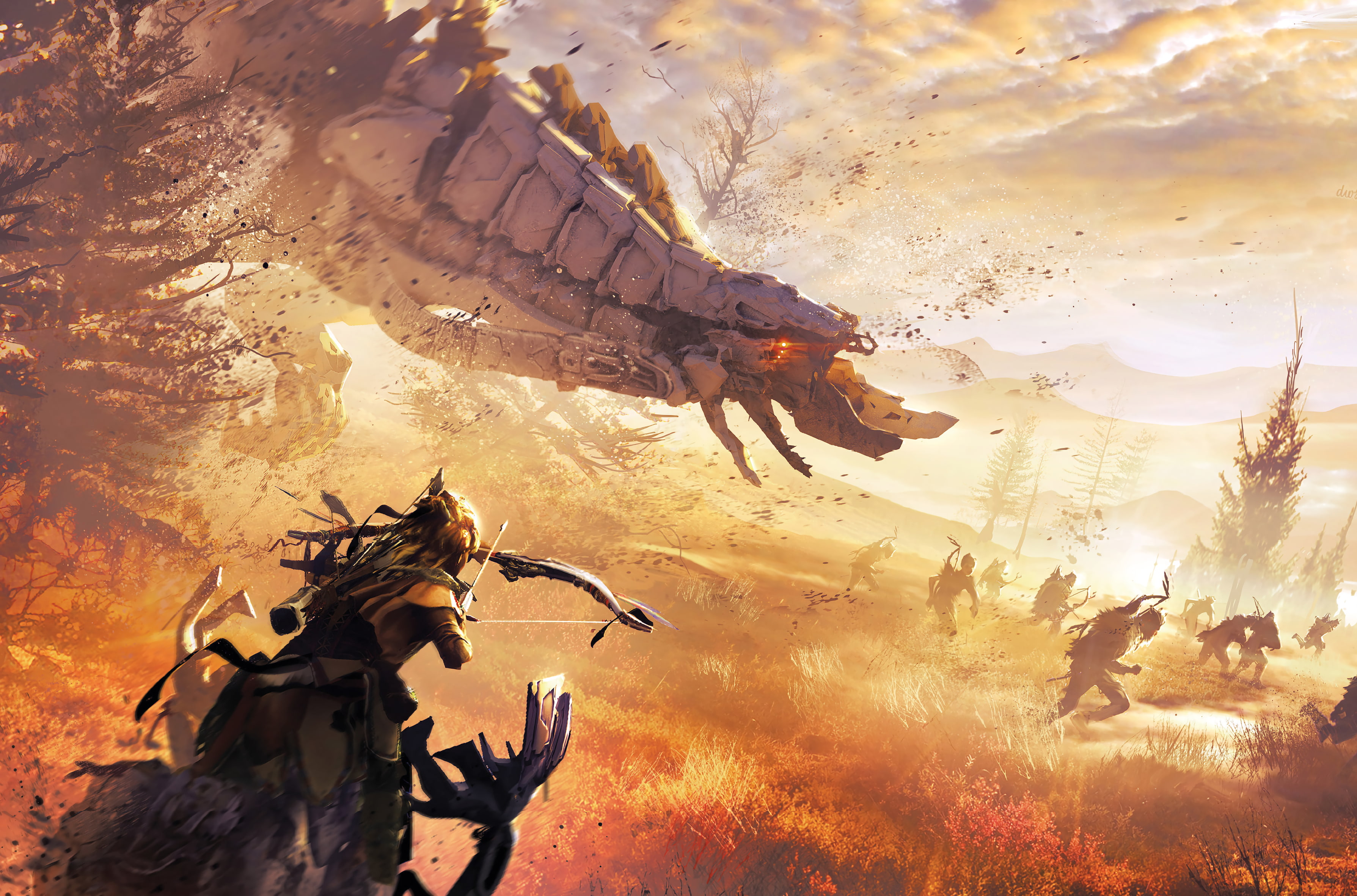 battle, thunderjaw, robots, sunlight, land, vertebrate, sky, animal wildlife, Games, lifestyles, group of animals, bow, sunset, large group of animals, HD Wallpaper