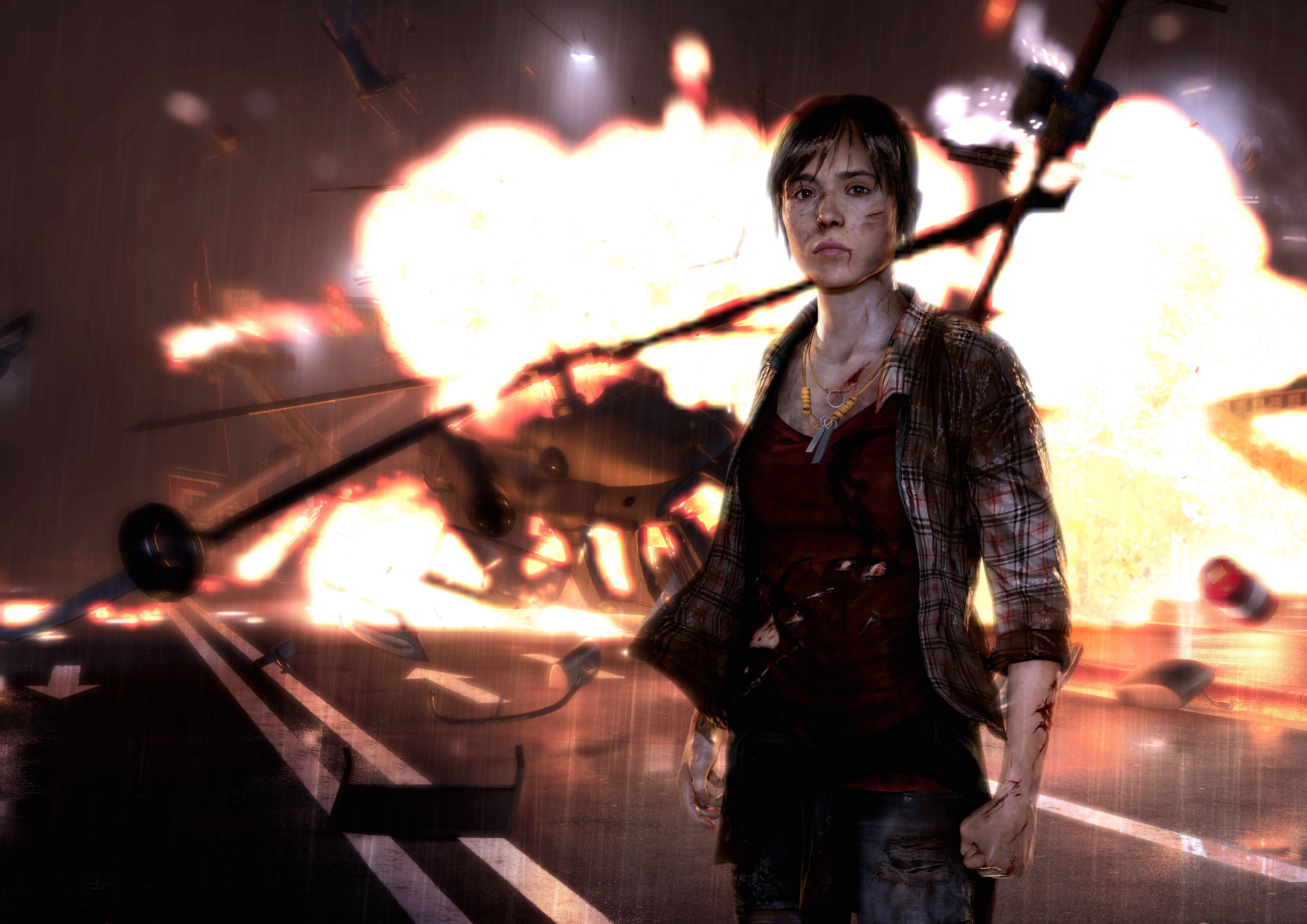 the explosion, night, Ellen Page, look, clothing, casual clothing, Sony Computer Entertainment, sign, fire, three quarter length, holding, architecture, HD Wallpaper