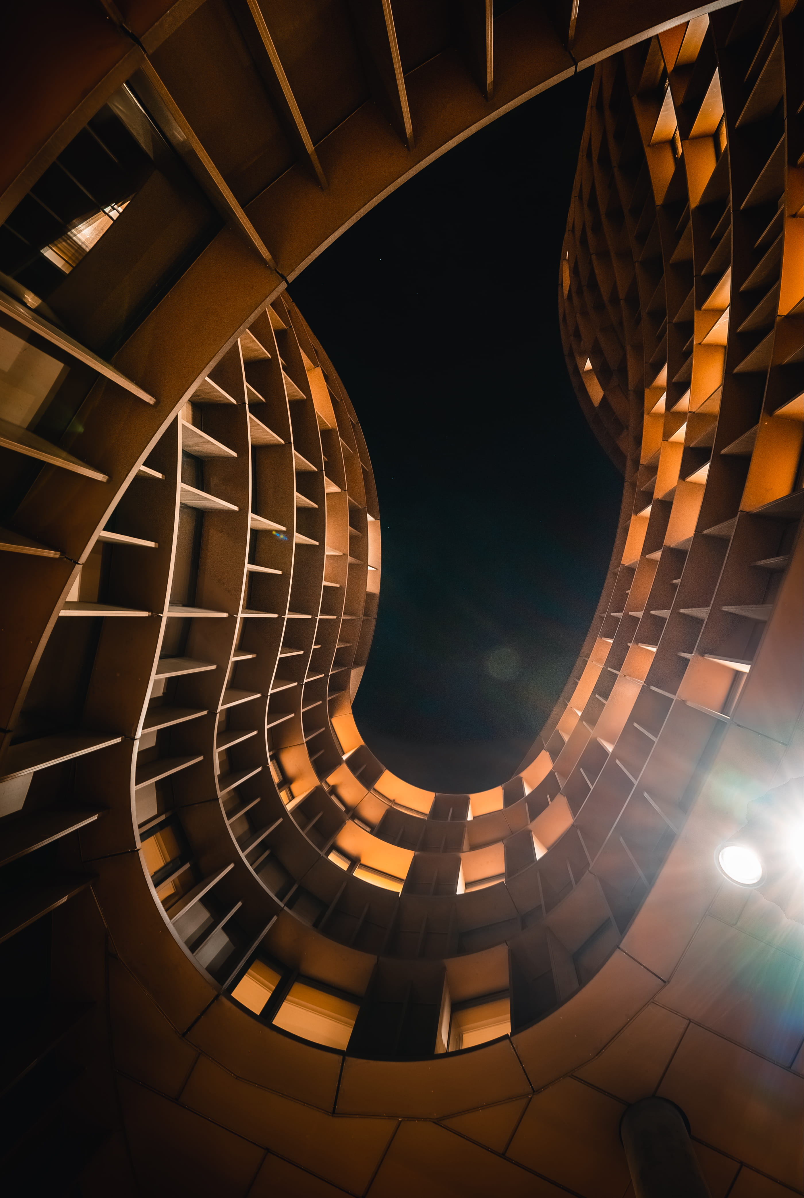 staircase, directly below, banister, no people, skyscraper, circle, house, ceiling, housing, angle, railing, handrail, tower, 4K, geometric shape, indoors, Phone HD Wallpaper