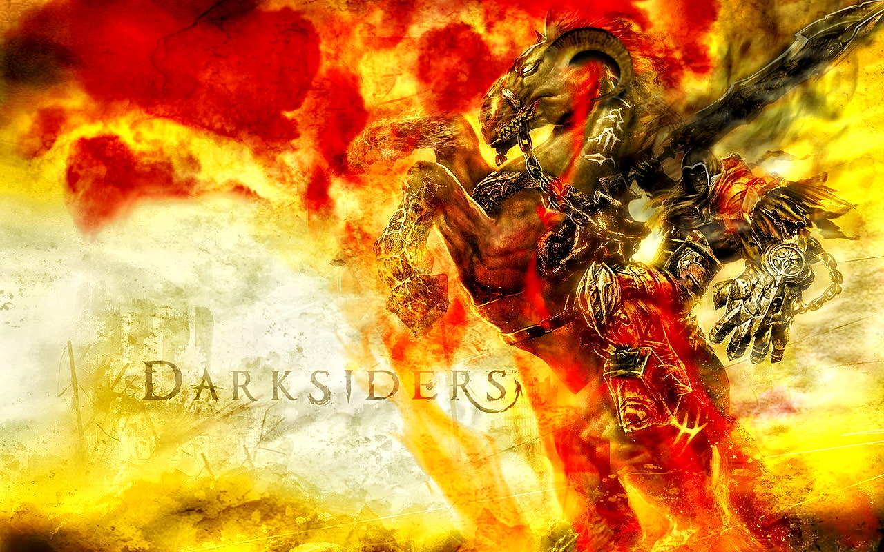 Darksiders, backgrounds, red, text, animal themes, yellow, orange color, multi colored, full frame, food, one animal, sword, horse, creativity, food and drink, HD Wallpaper