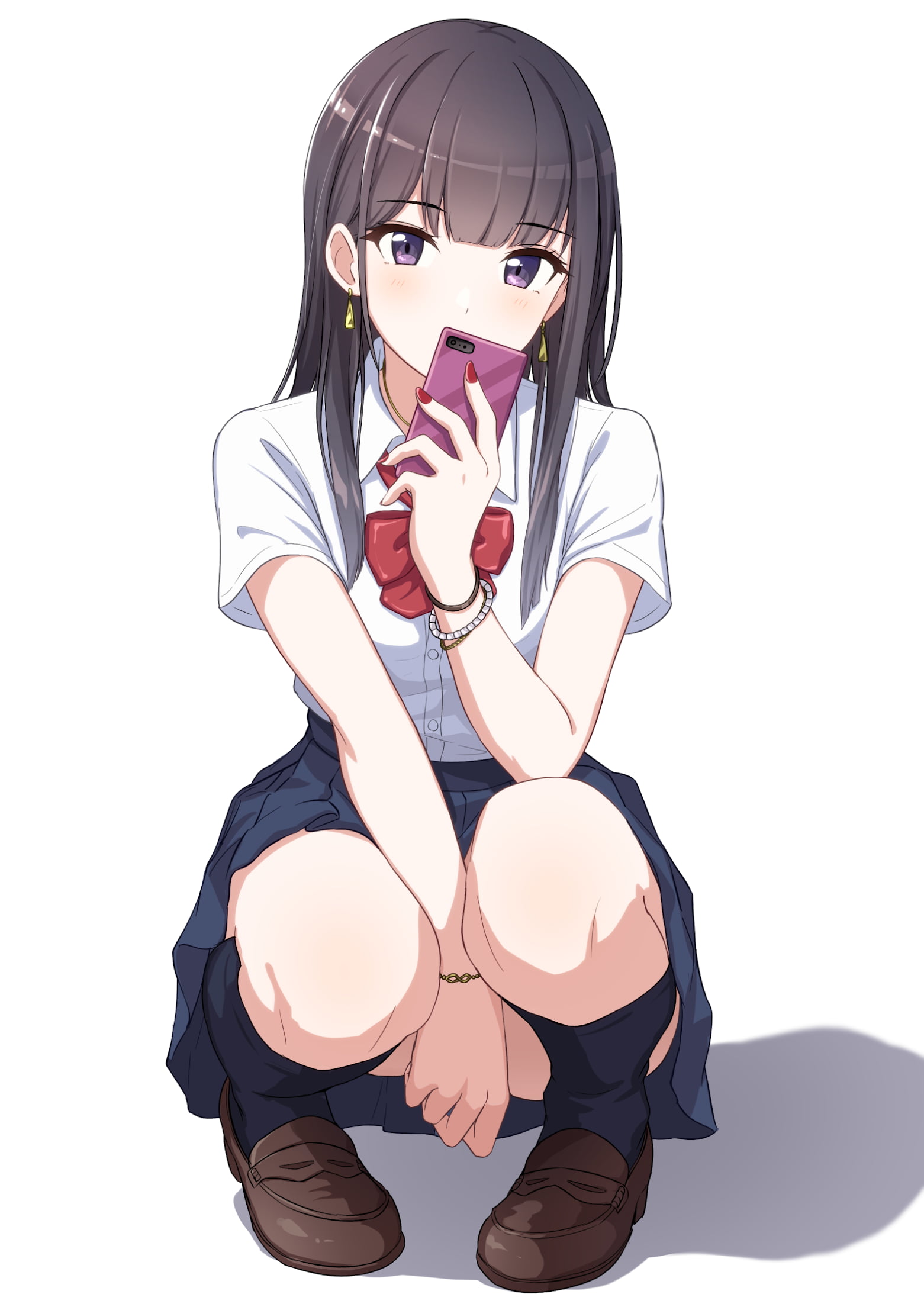 anime, tie, simple background, digital art, portrait display, purple eyes, phone, 1080P, school uniform, long hair, vertical, black hair, anime girls, Phone HD Wallpaper