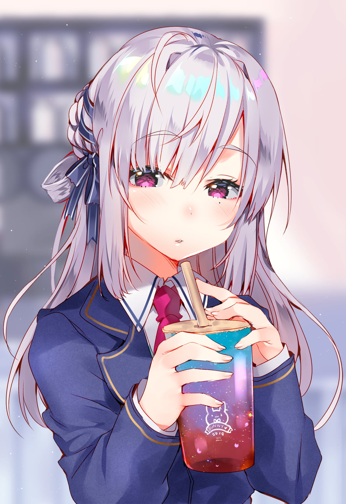 pink hair, purple eyes, artwork, school, 720P, school uniform, food, digital art, anime, tie, long hair, anime girls, Phone HD Wallpaper