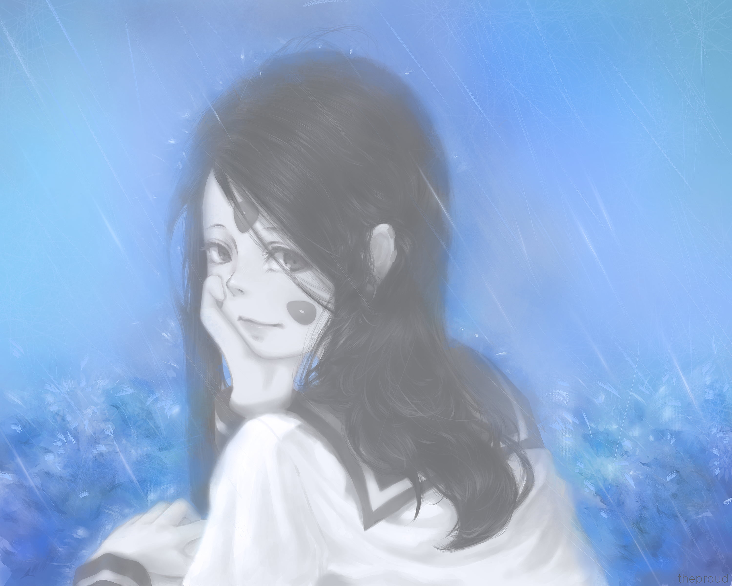 2K, Ah! My Goddess!, fan art, smiling, black hair, long hair, wet clothing, looking back, anime, 2D, inked girls, JK, Skuld, looking at viewer, school uniform, HD Wallpaper