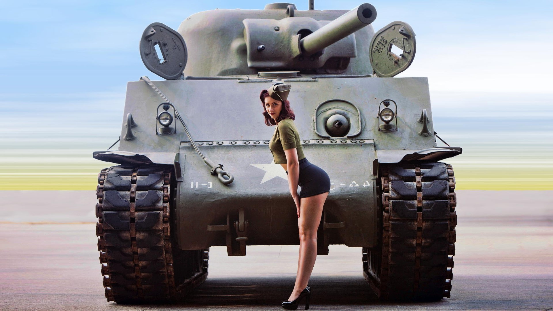 women, M4 Sherman, Pinup Models, 1080P, World War II, HD Wallpaper