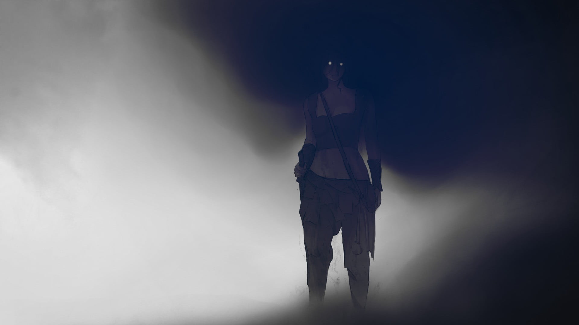 studio shot, one person, dark, fantasy art, illuminated, full length, men, low angle view, fog, glowing eyes, young adult, anime, three quarter length, HD Wallpaper