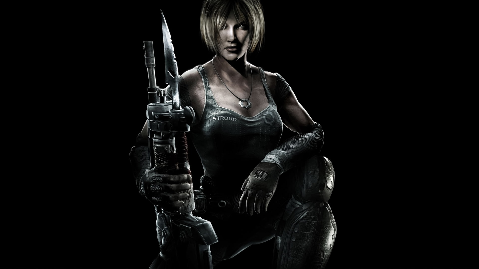 gun, gears of war 3, copy space, strength, human body part, 1080P, muscular build, black background, Games, women, sport, sports training, studio shot, HD Wallpaper