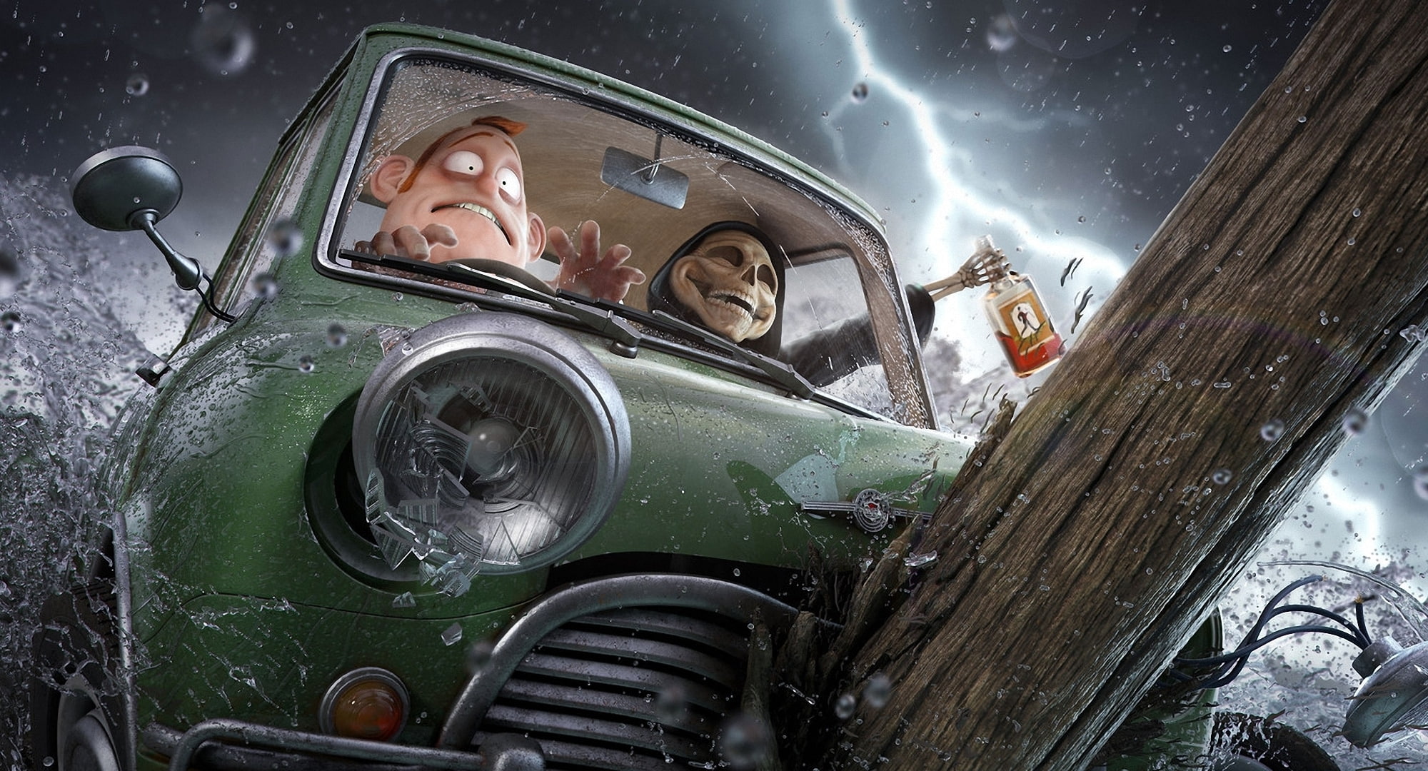 Grim Reaper, 1080P, Car, Lightning, Dark, Rain, Alcohol, Man, Timber, Skull, Death, HD Wallpaper
