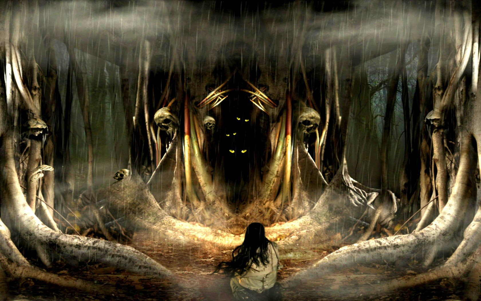 skulls, forests, Glowing, horror, 720P, rain, Dark, women, eyes, fog, HD Wallpaper