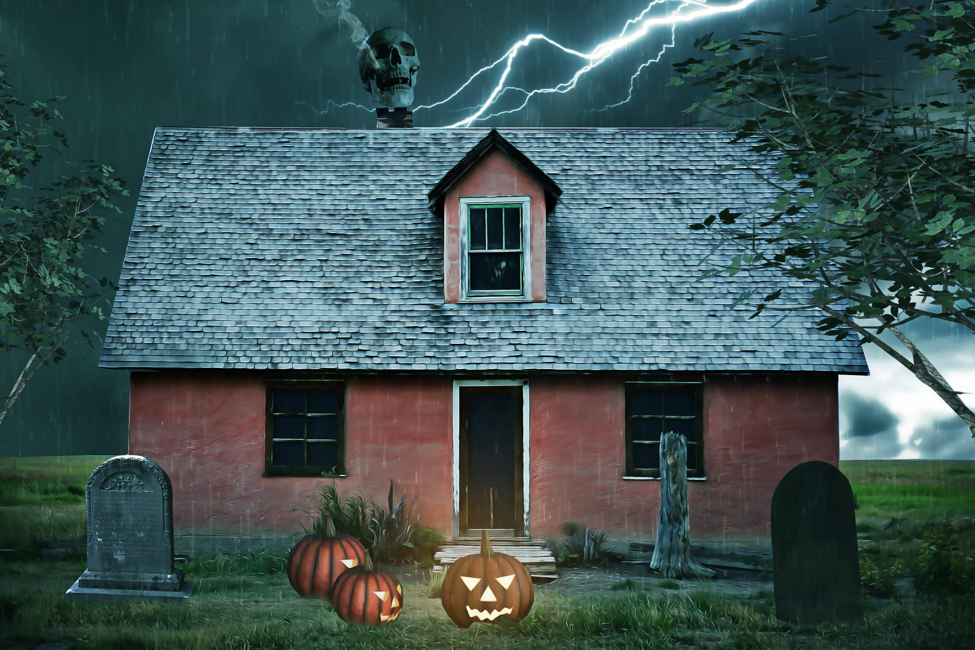 architecture, illuminated, built structure, storm, autumn, lighting equipment, skull, brown, rain, day, gray, tombs, haunted house, haunted, night, building, HD Wallpaper