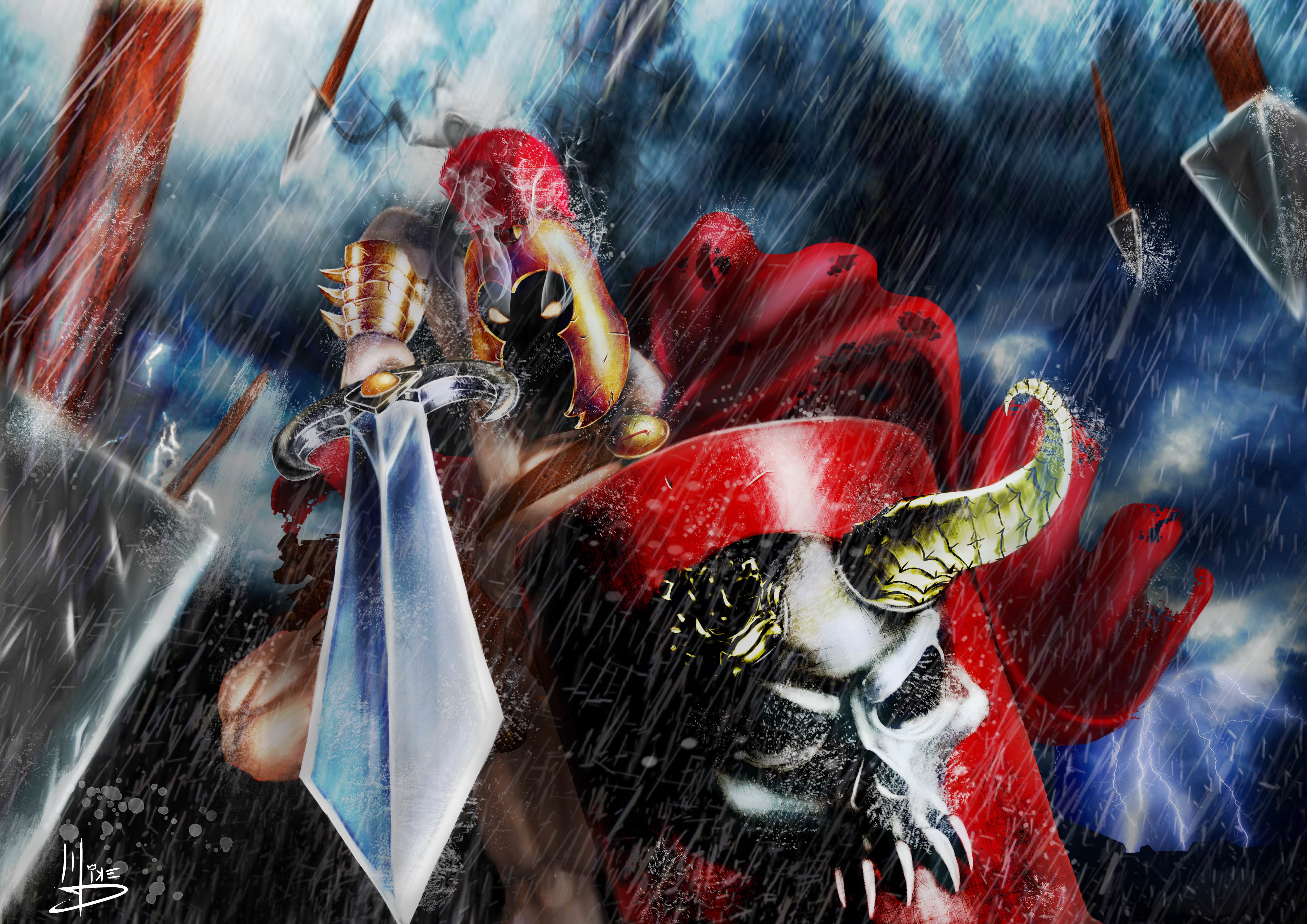 armor, skull, 4K, rain, sword, burning eyes, Warrior, HD Wallpaper