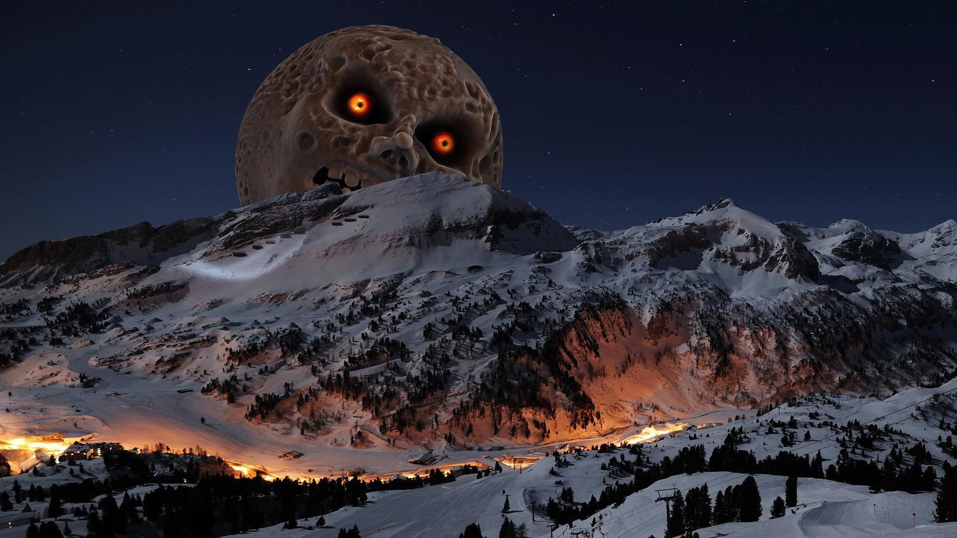 mountains, 1080P, range, mountain, The Legend of Zelda, white, Moon, black, The Legend of Zelda: Majoras Mask, HD Wallpaper