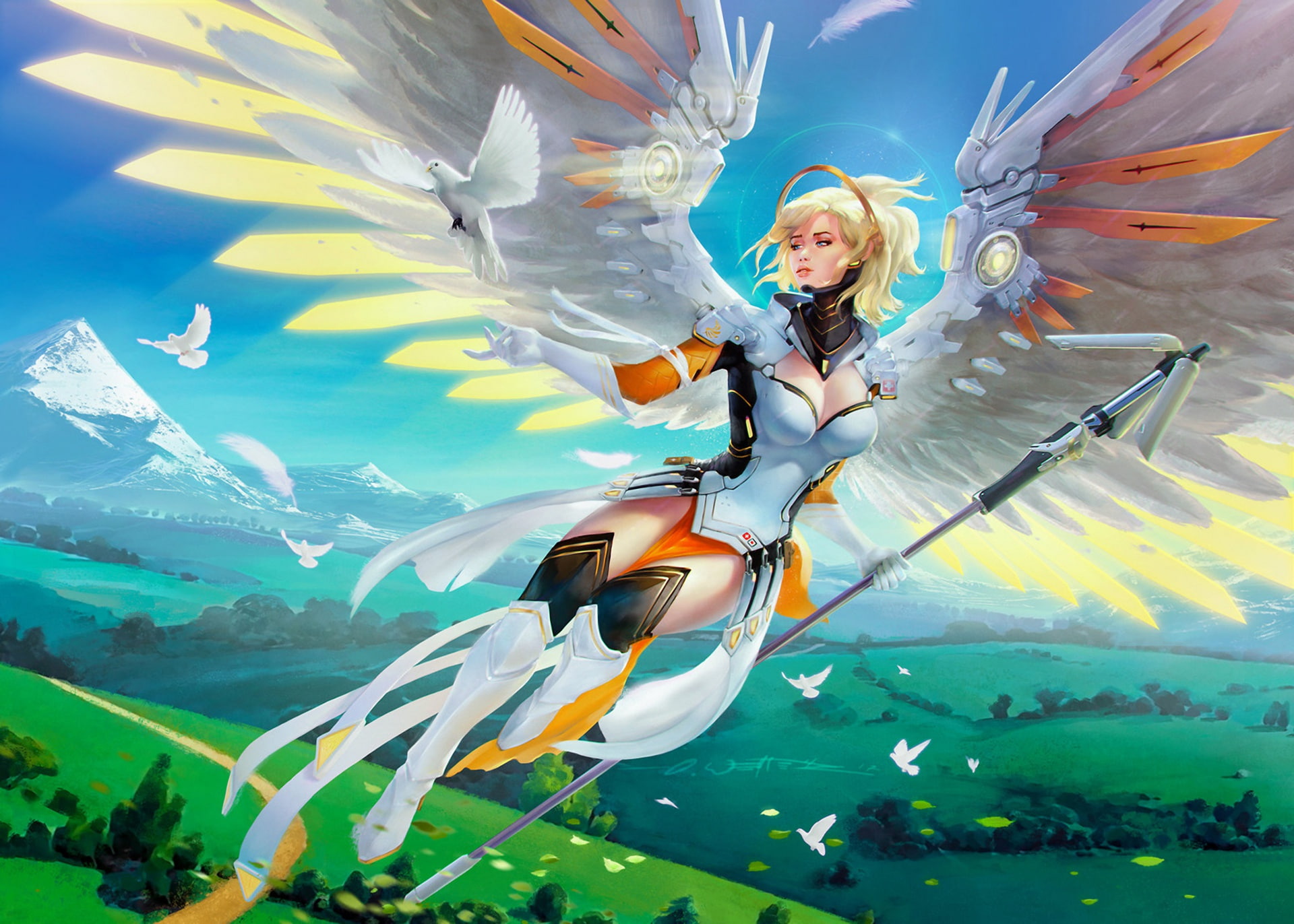 Angela Ziegler, overwatch, wings, 1080P, Mercy, angel girl medic, HD Wallpaper
