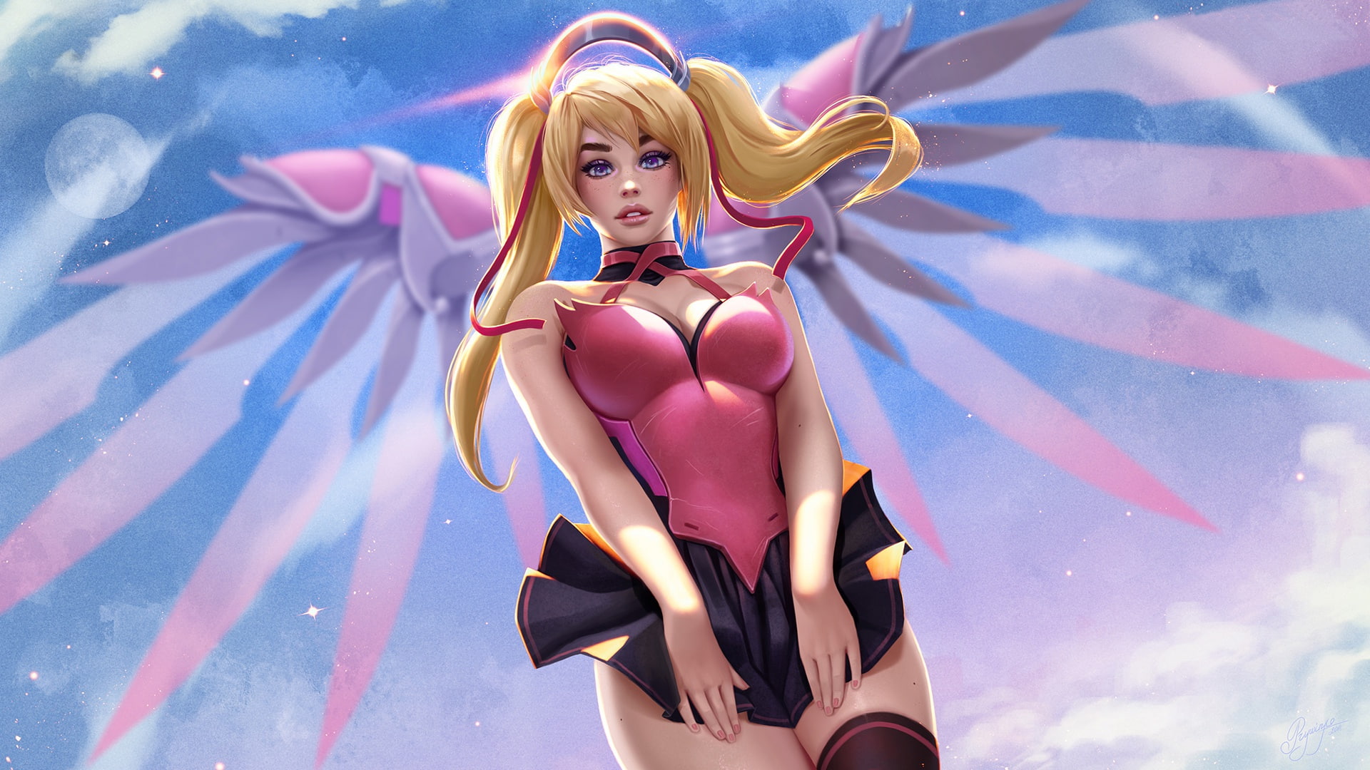 1080P, fan art, mercy, skirt, art, wings, Overwatch, angela ziegler, girl, chest, feet, HD Wallpaper