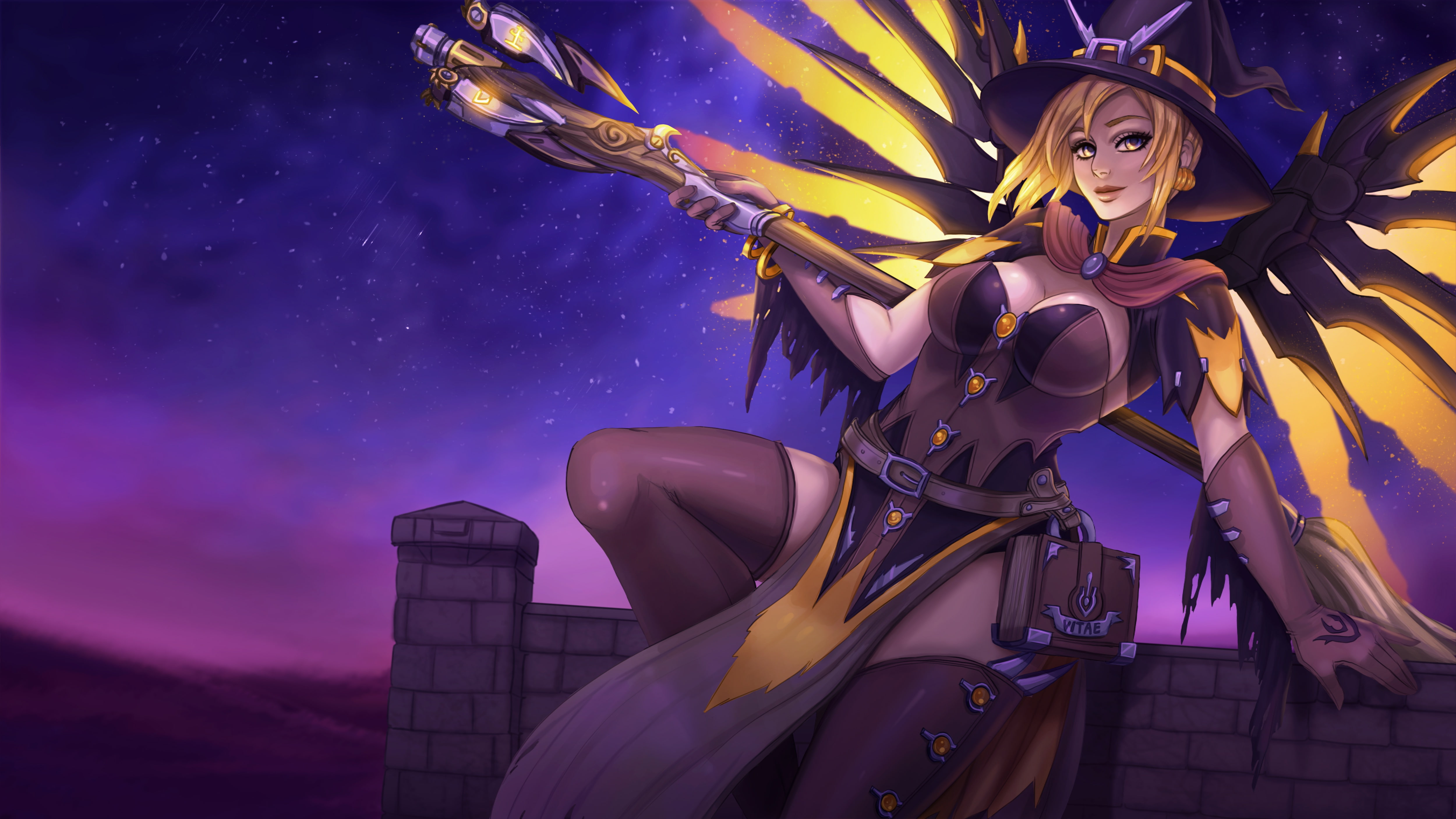 witch, girl, costume, night, angela ziegler, art, blizzard, Mercy, Witch Mercy, hat, overwatch, 4K, HD Wallpaper