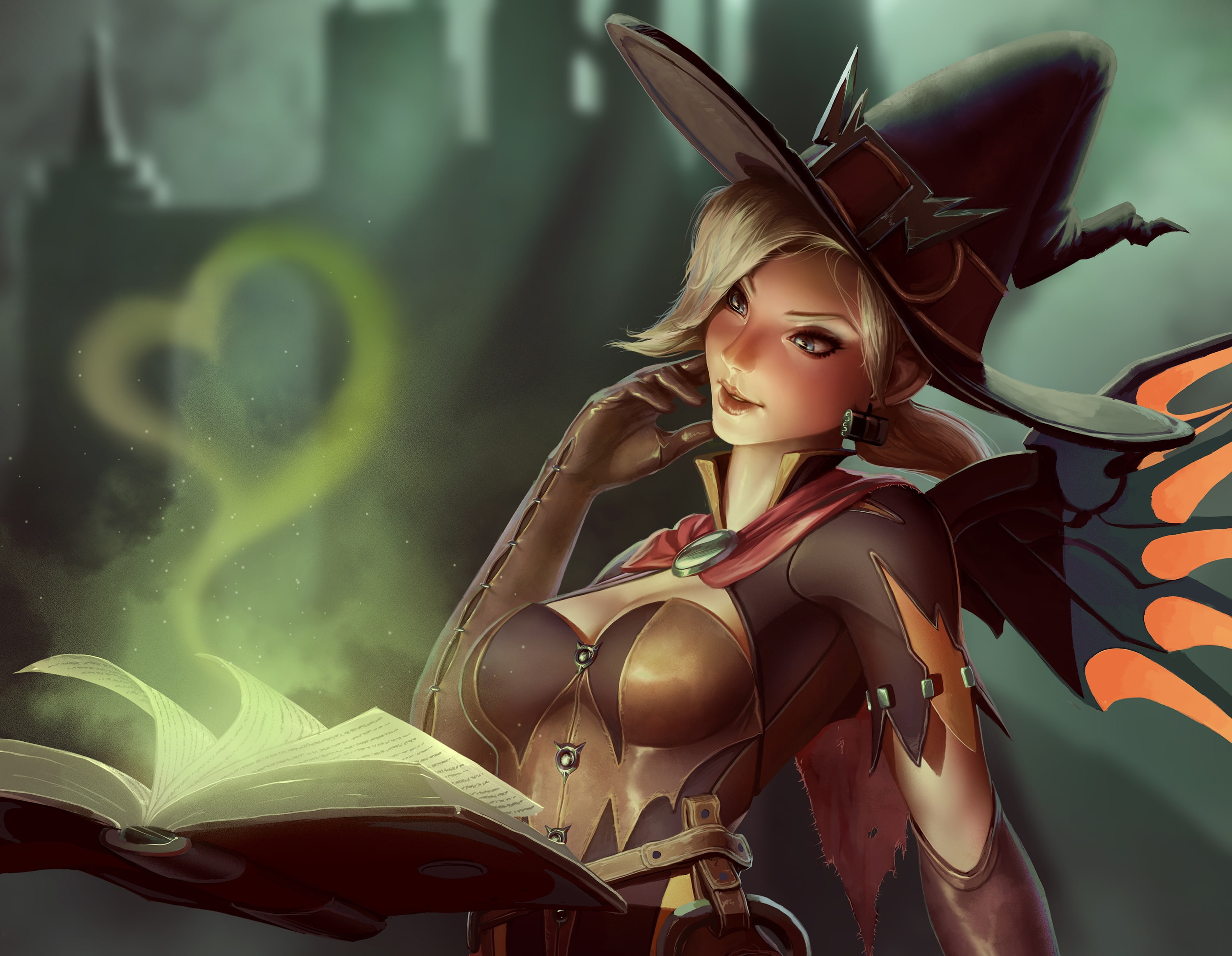 Angela Ziegler, book, witch, girl, mercy, Overwatch, art, 2K, hat, HD Wallpaper