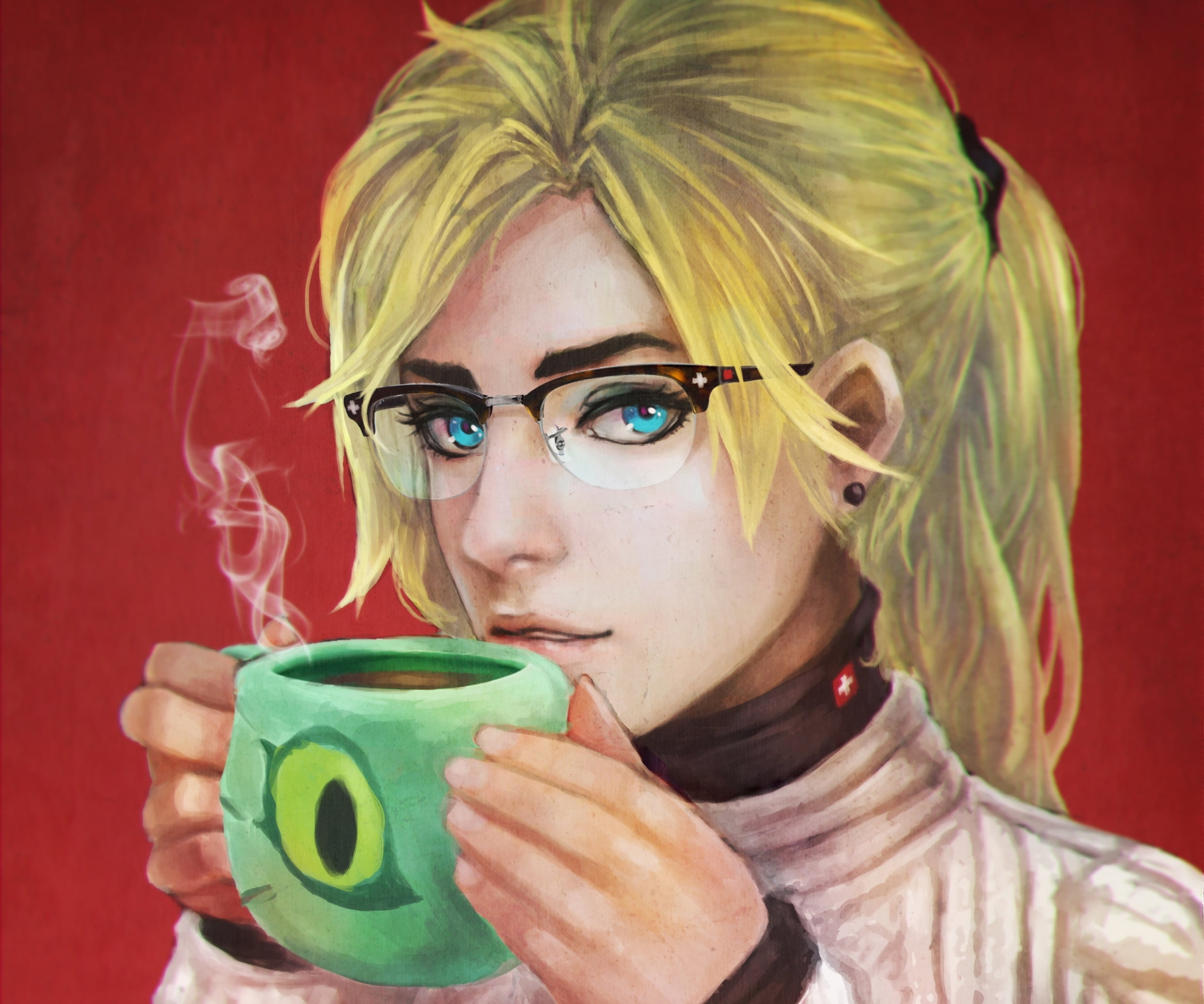 indoors, headshot, one person, portrait, cup, young adult, Mercy, glasses, painting, blond hair, adult, human face, colored background, sweater, beauty, HD Wallpaper
