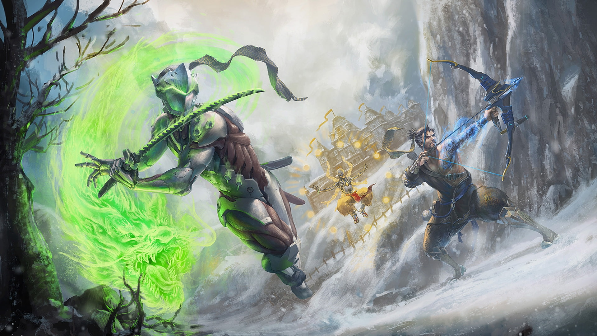 digital art, Overwatch, Hanzo (Overwatch), 1080P, video games, Genji (Overwatch), Zenyatta (Overwatch), HD Wallpaper