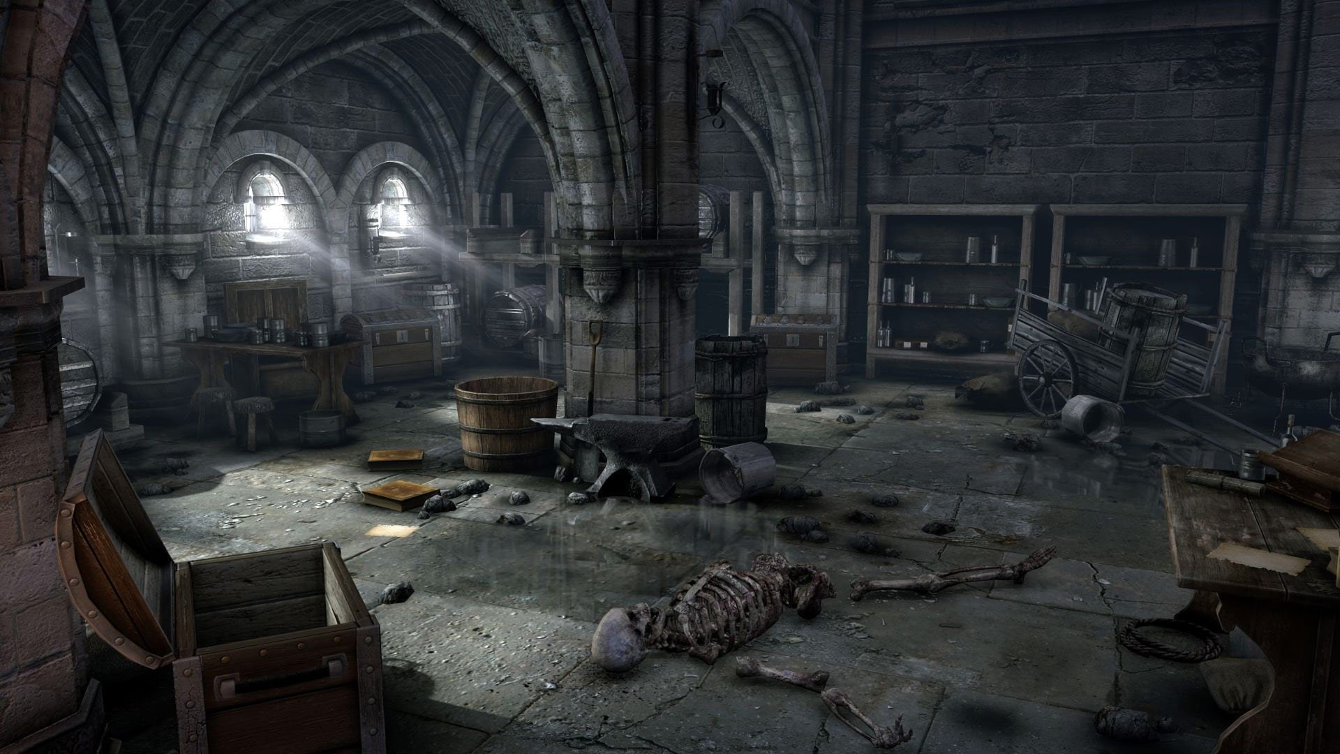 spooky, skeleton, fantasy Art, Hellraid, interior, Arch, 1080P, video games, digital art, HD Wallpaper
