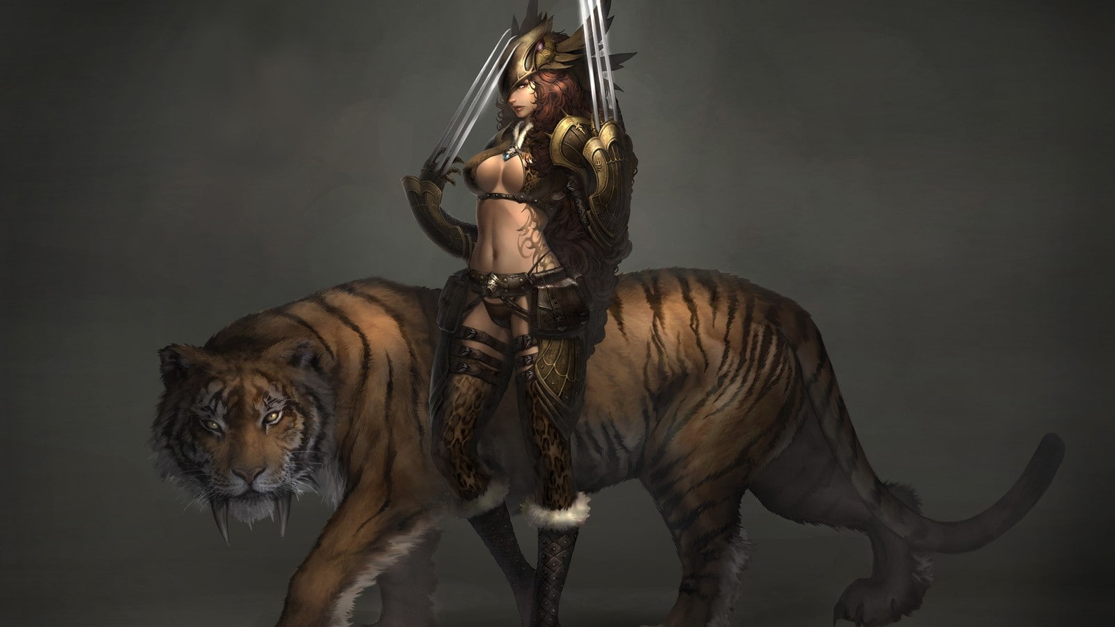 Tigers, online, video, art, weapons, artwork, women, animals, hd, 720P, fantasy, atlantica, games, abstract, Video Games, tattoos, HD Wallpaper
