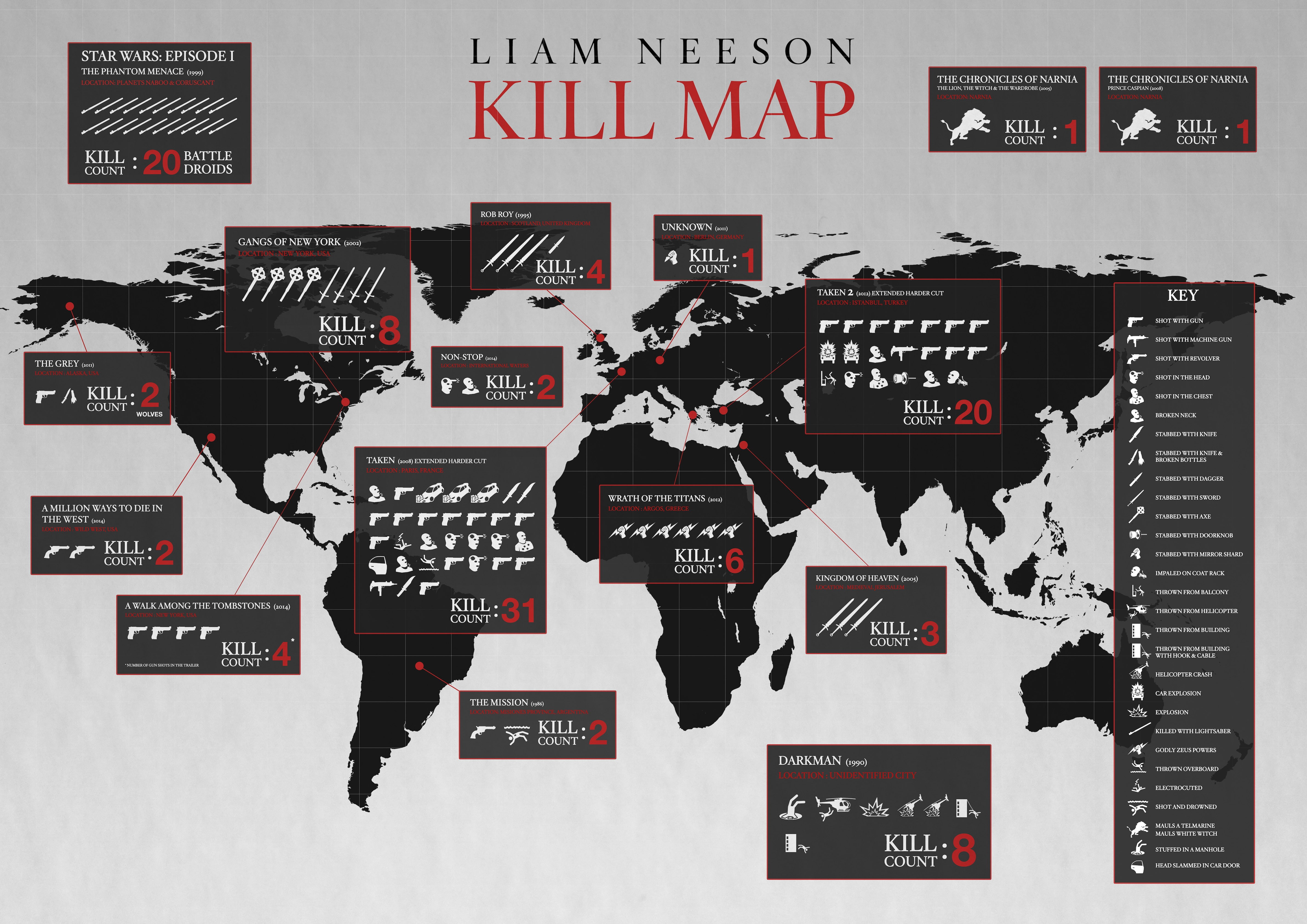 A Million Ways to Die in the West, Star Wars, Taken, movies, Taken 2, Wrath Of The Titans, The Chronicles of Narnia, world map, 4K, Liam Neeson, Kingdom of Heaven, HD Wallpaper