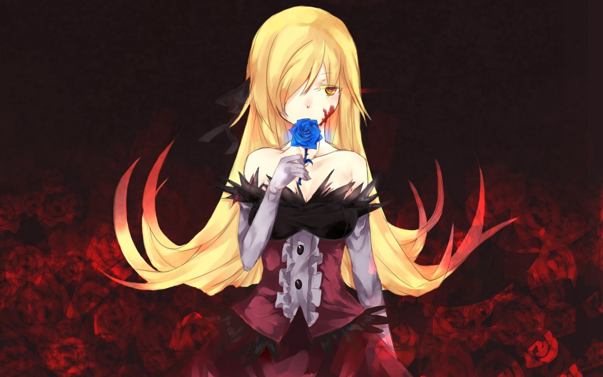 oshino, hd, yellow, wallpa, roses, 1080P, shinobu, vampires, eyes, x, blood, long, hair, bakemonogatari, people, blondes, art, HD Wallpaper