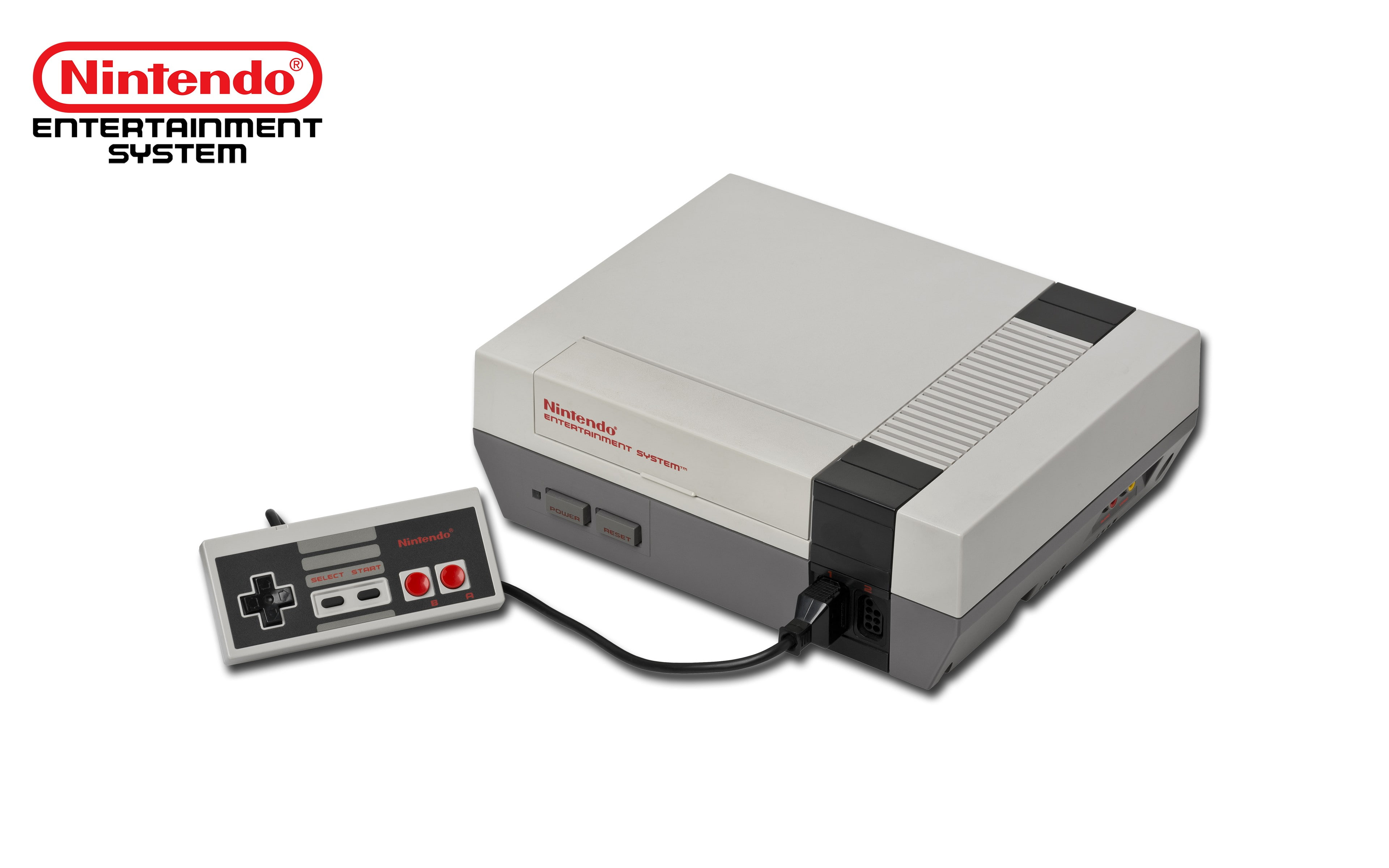 white color, white background, high angle view, Nintendo Entertainment System, no people, western script, text, connection, studio shot, black color, technology, HD Wallpaper