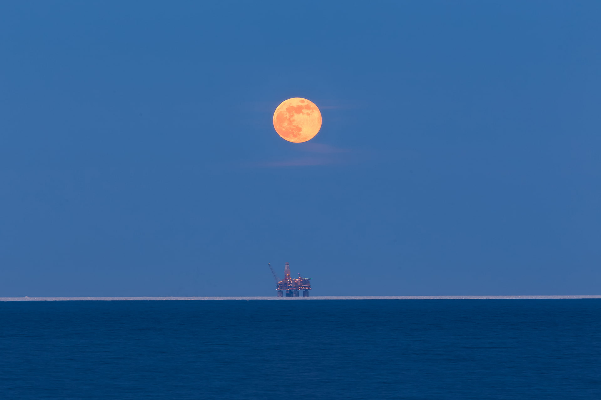 1080P, Moon, sky, blue, photography, landscape, nature, sea, oil platform, HD Wallpaper