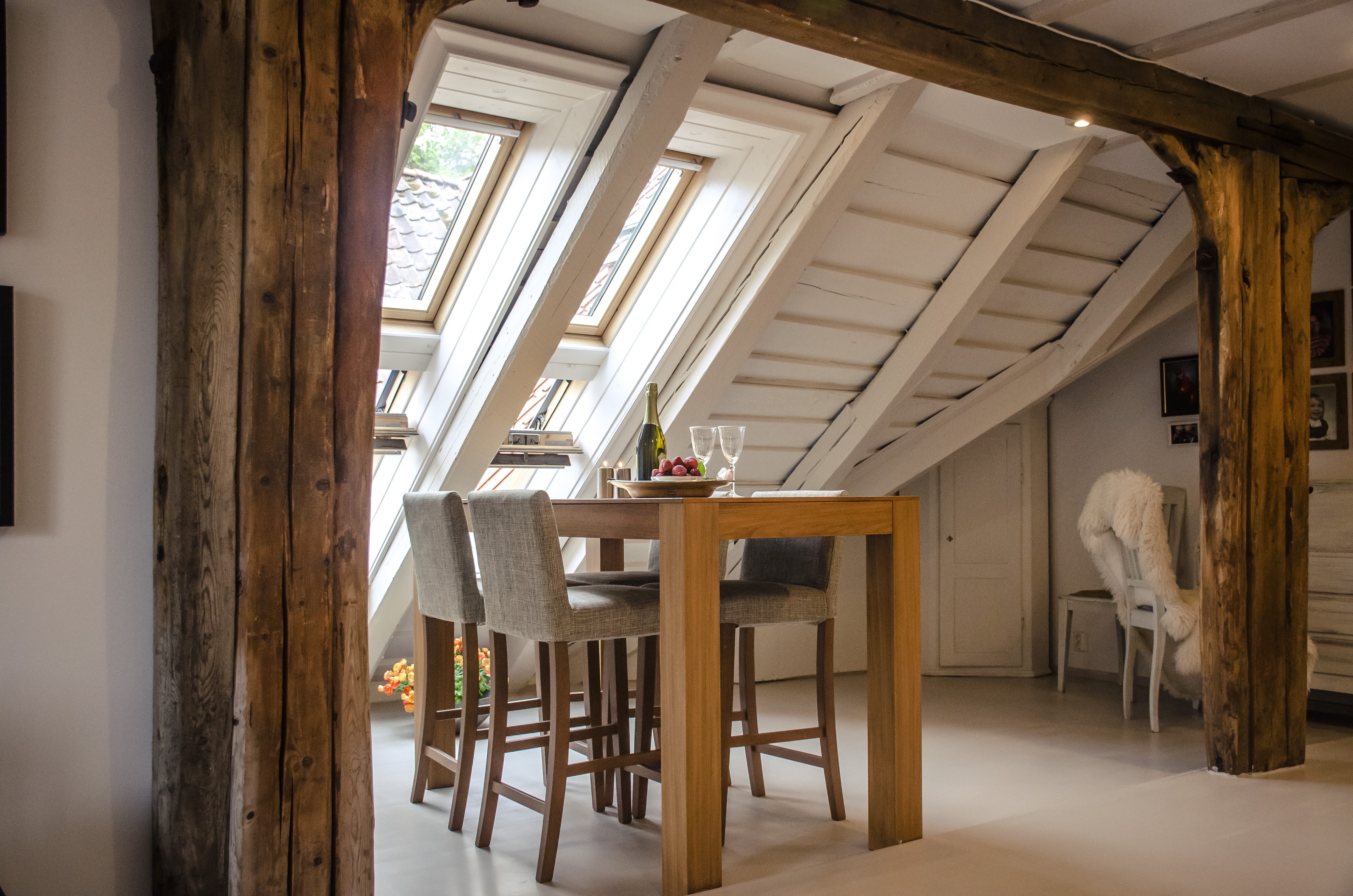 home, electric lamp, ceiling, architecture, table, wood - material, loft, seats, antique, indoors, 4K, seat, no people, opened, room, beams, interior, HD Wallpaper