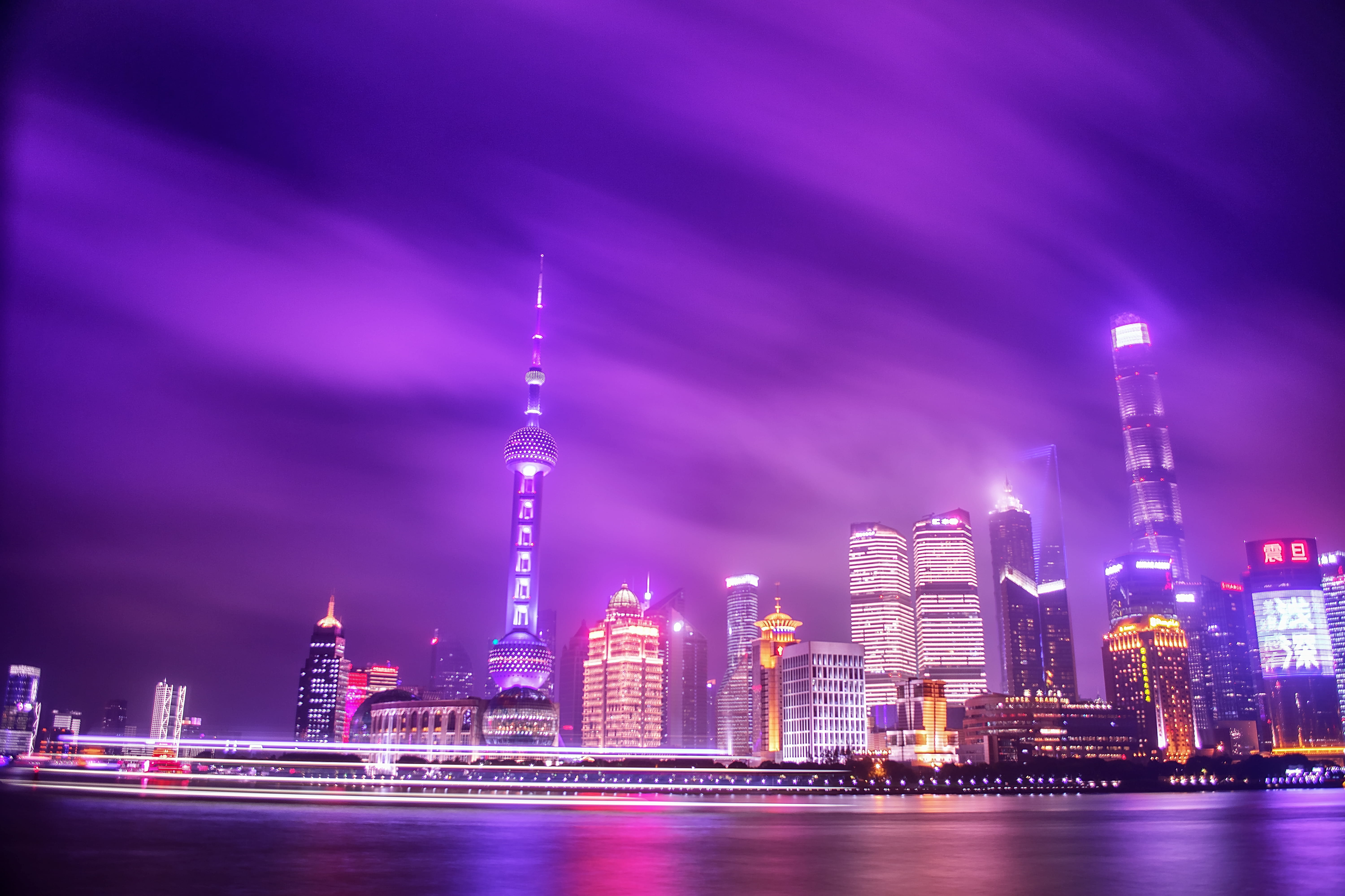 architecture, financial district, water, city, urban, downtown district, 东方明珠, 上海, lights, building, 建筑, dark, skyscraper, sky, night, buildings, rise, HD Wallpaper