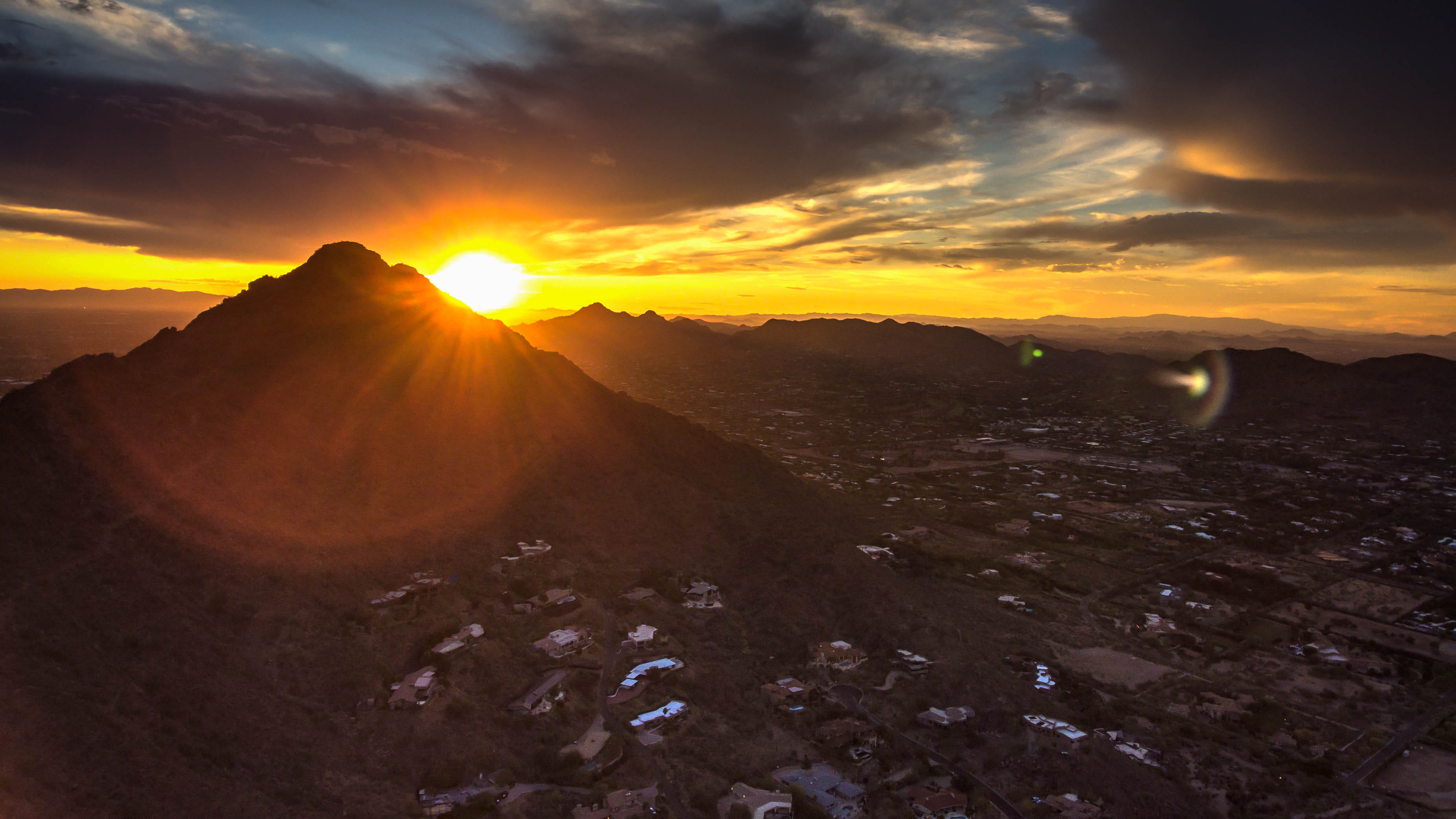 camelback mountain, mountain, sky, sunlight, sun, land, 2K, sunset, lens flare, phoenix, cloud - sky, nature, scenics - nature, tranquility, beauty in nature, HD Wallpaper