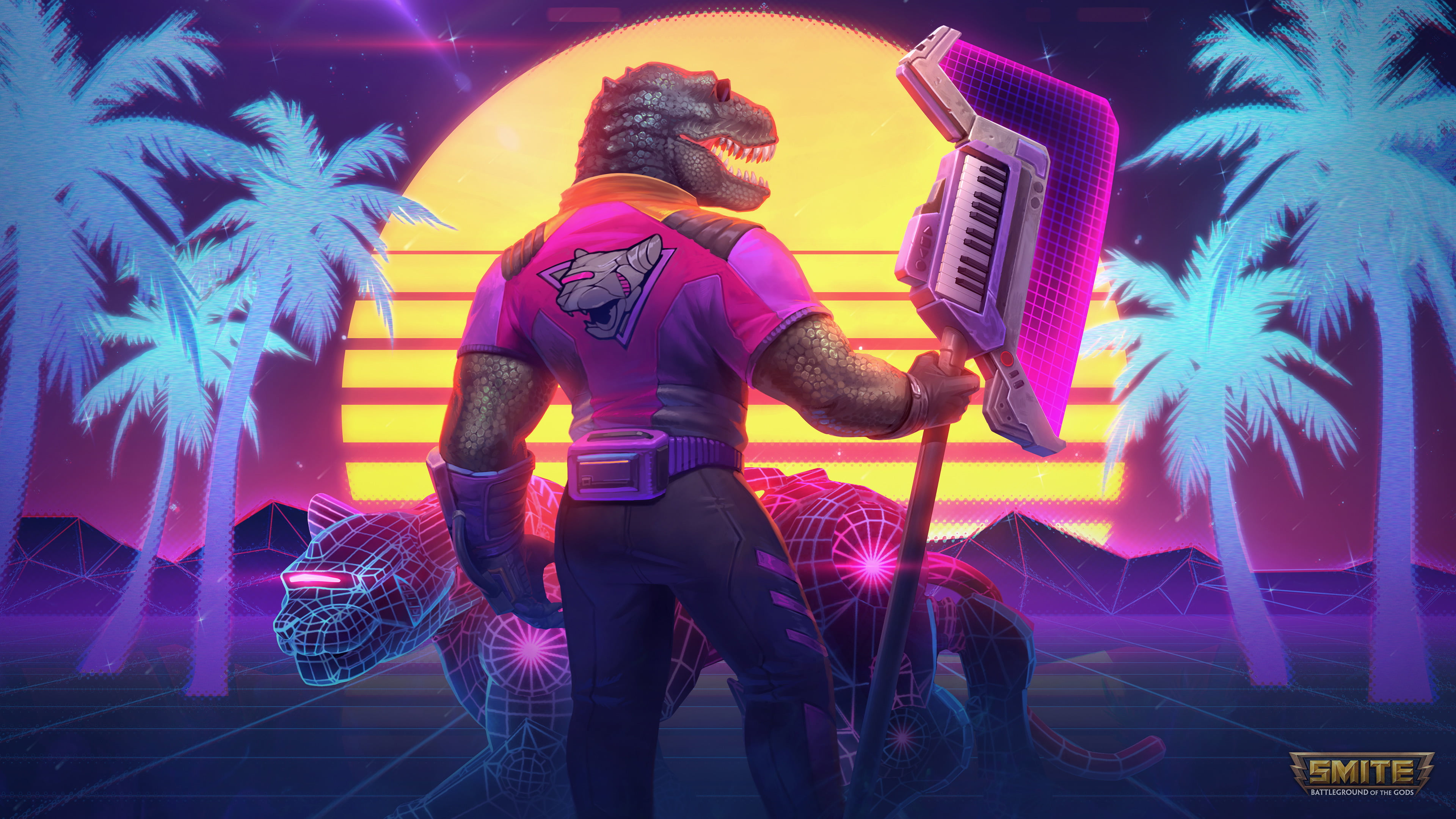watermarked, sunglasses, musical instrument, gloves, dinosaurs, 4K, synthwave, Chaac (Smite), palm trees, Smite, Tyrannosaurus rex, Anthro, keytar, HD Wallpaper