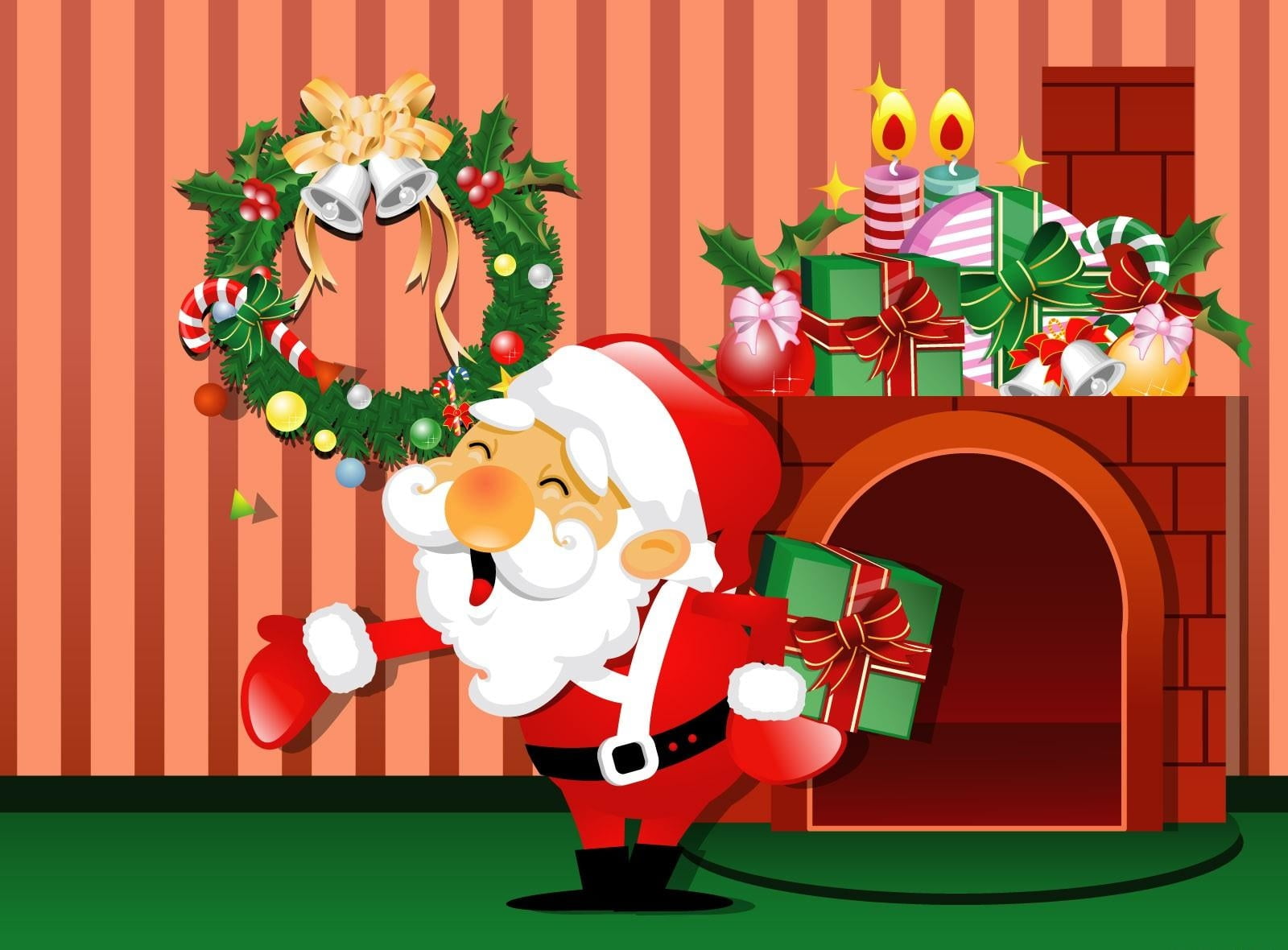 season, nature, vector, holiday - event, green color, mammal, hat, humor, red, illustration, men, backgrounds, characters, animal, celebration, event, santa Claus, HD Wallpaper