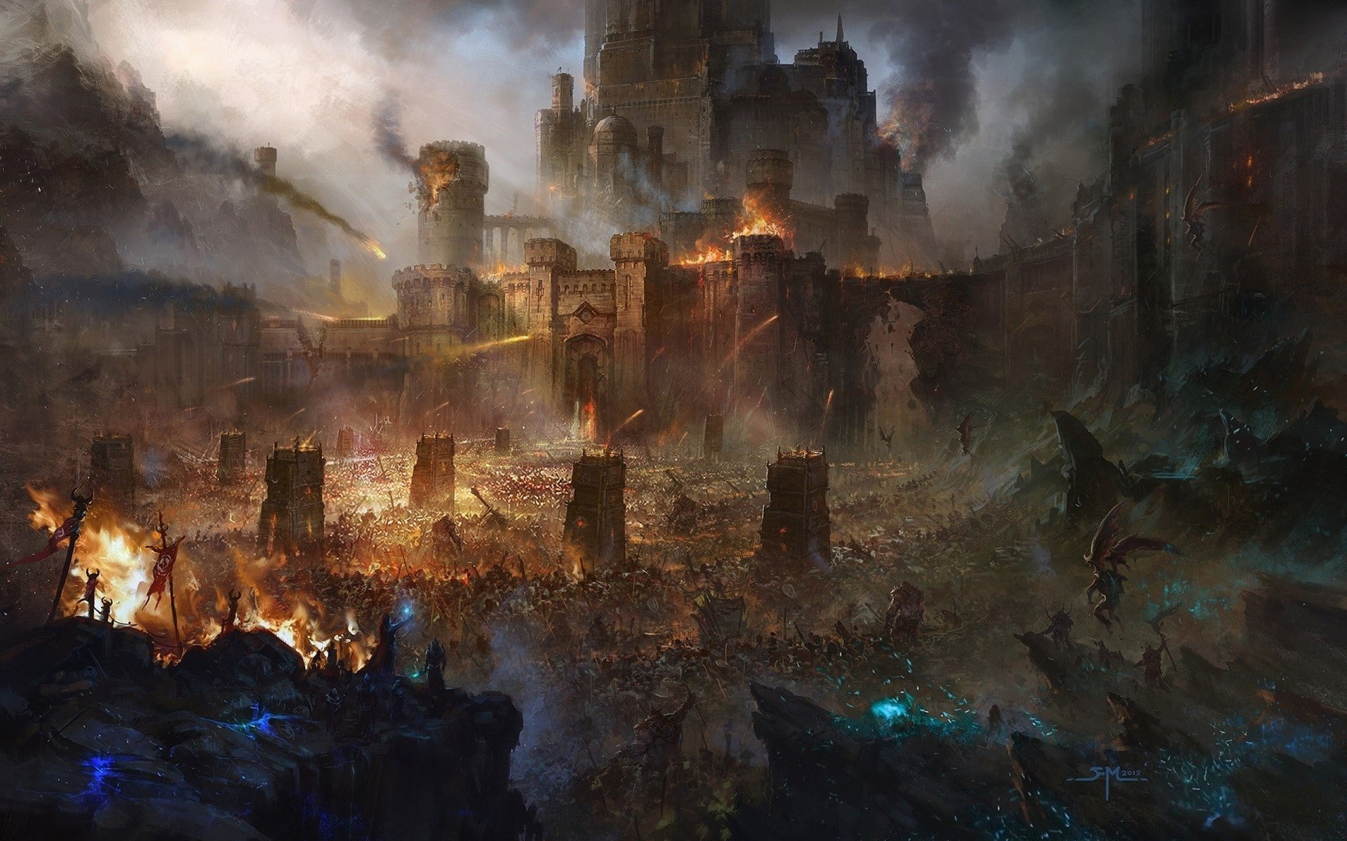 1080P, fire, army, battle, artwork, siege, fantasy art, castle, HD Wallpaper