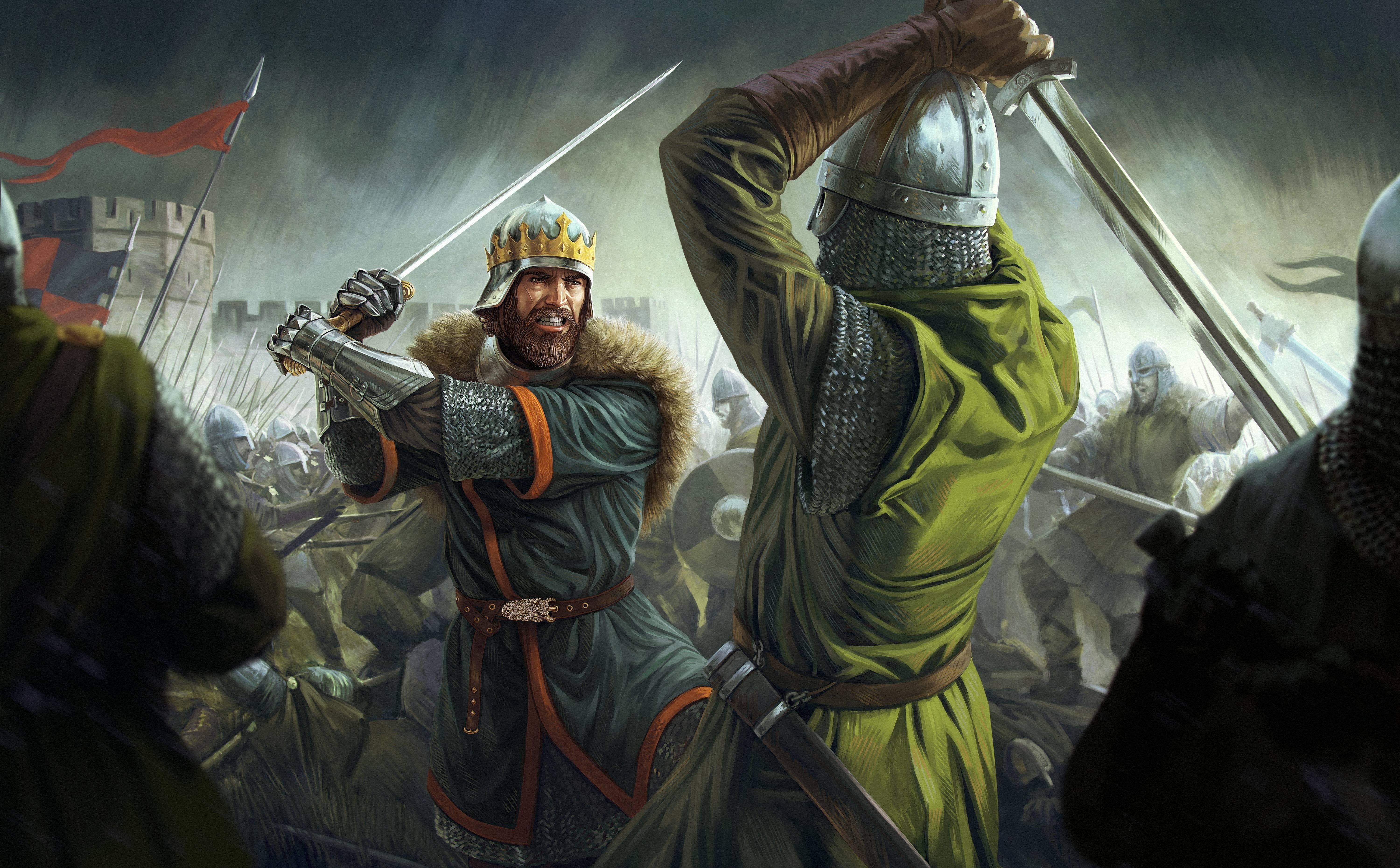 5K, Total War: Battles Kingdom, warrior, shield, castle, Total War, crown, ken, pearls, battle, fight, knight, rain, war, man, king, blade, sword, soldier, HD Wallpaper