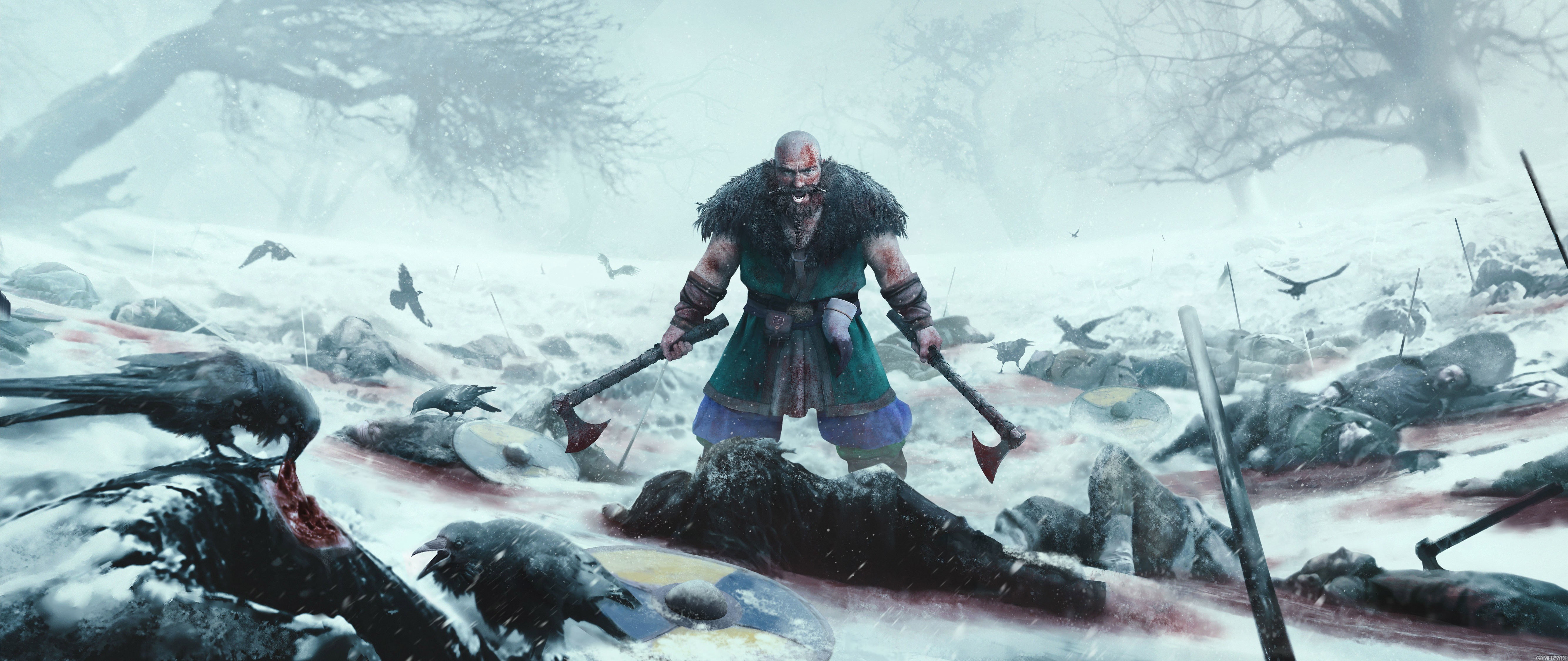 death, blood, blade, snow, dead, berserk, viking, strong, fury, 5K, sword, war, ken, Expeditions Viking, powerful, axe, man, angry, crow, ice, HD Wallpaper